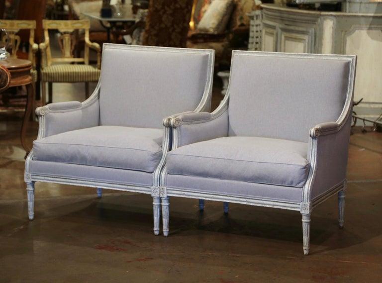 Pair of 19th Century French Louis XVI Carved Painted Upholstered Armchairs In Excellent Condition For Sale In Dallas, TX