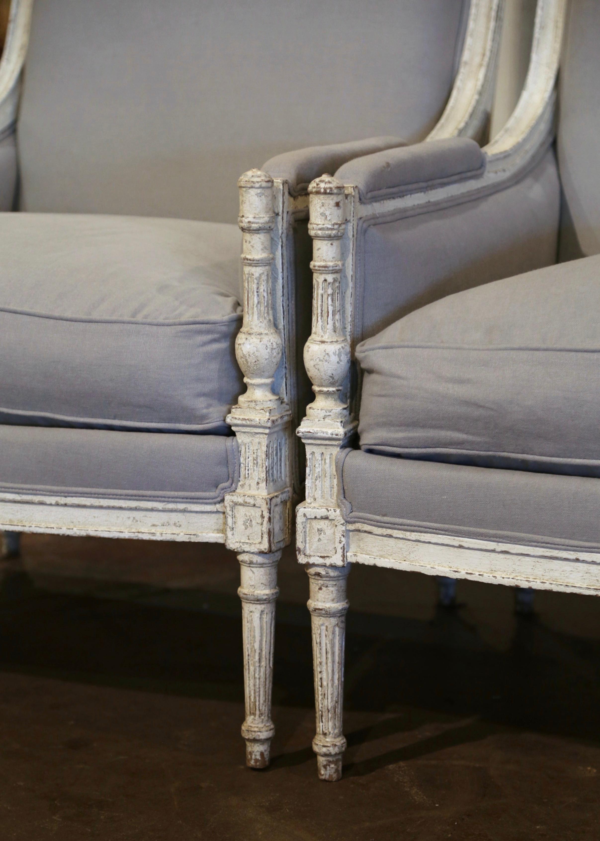Pair of 19th Century French Louis XVI Carved Painted Upholstered Armchairs In Excellent Condition In Dallas, TX