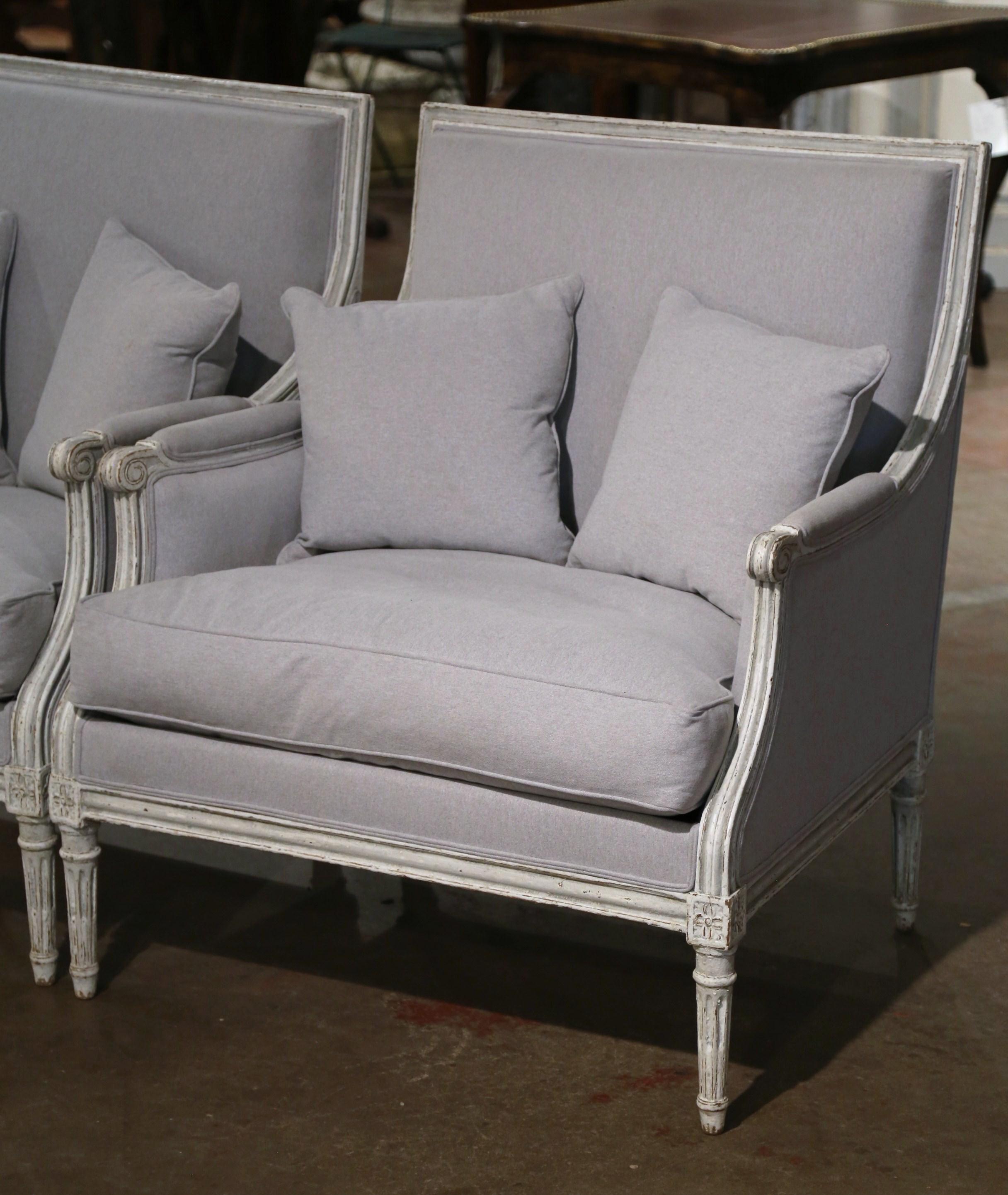 Pair of 19th Century French Louis XVI Carved Painted Upholstered Armchairs In Excellent Condition In Dallas, TX