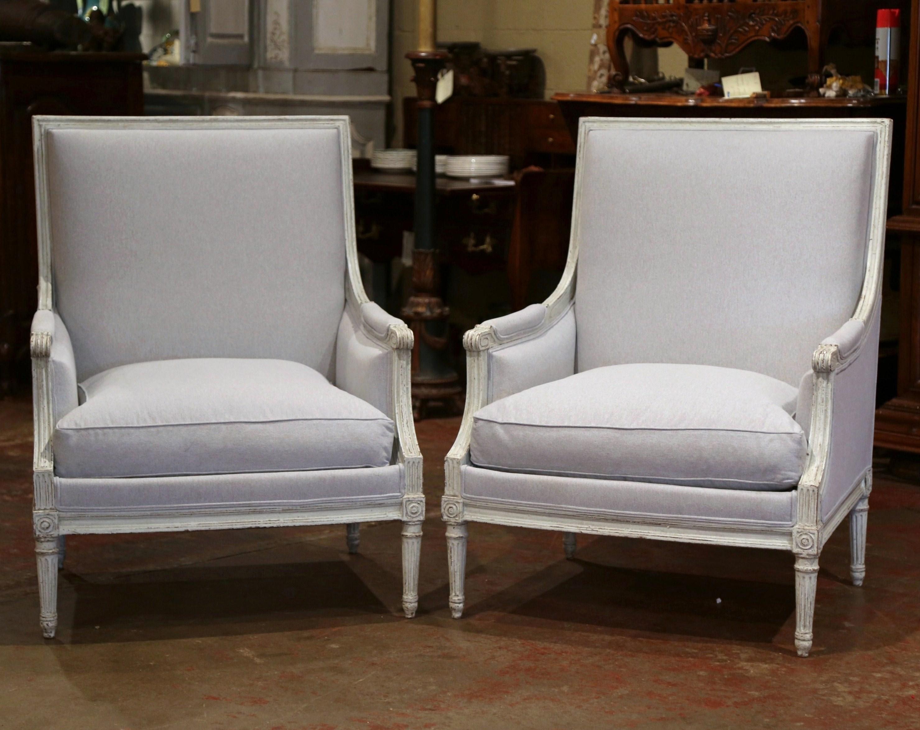Beech Pair of 19th Century French Louis XVI Carved Painted Upholstered Armchairs