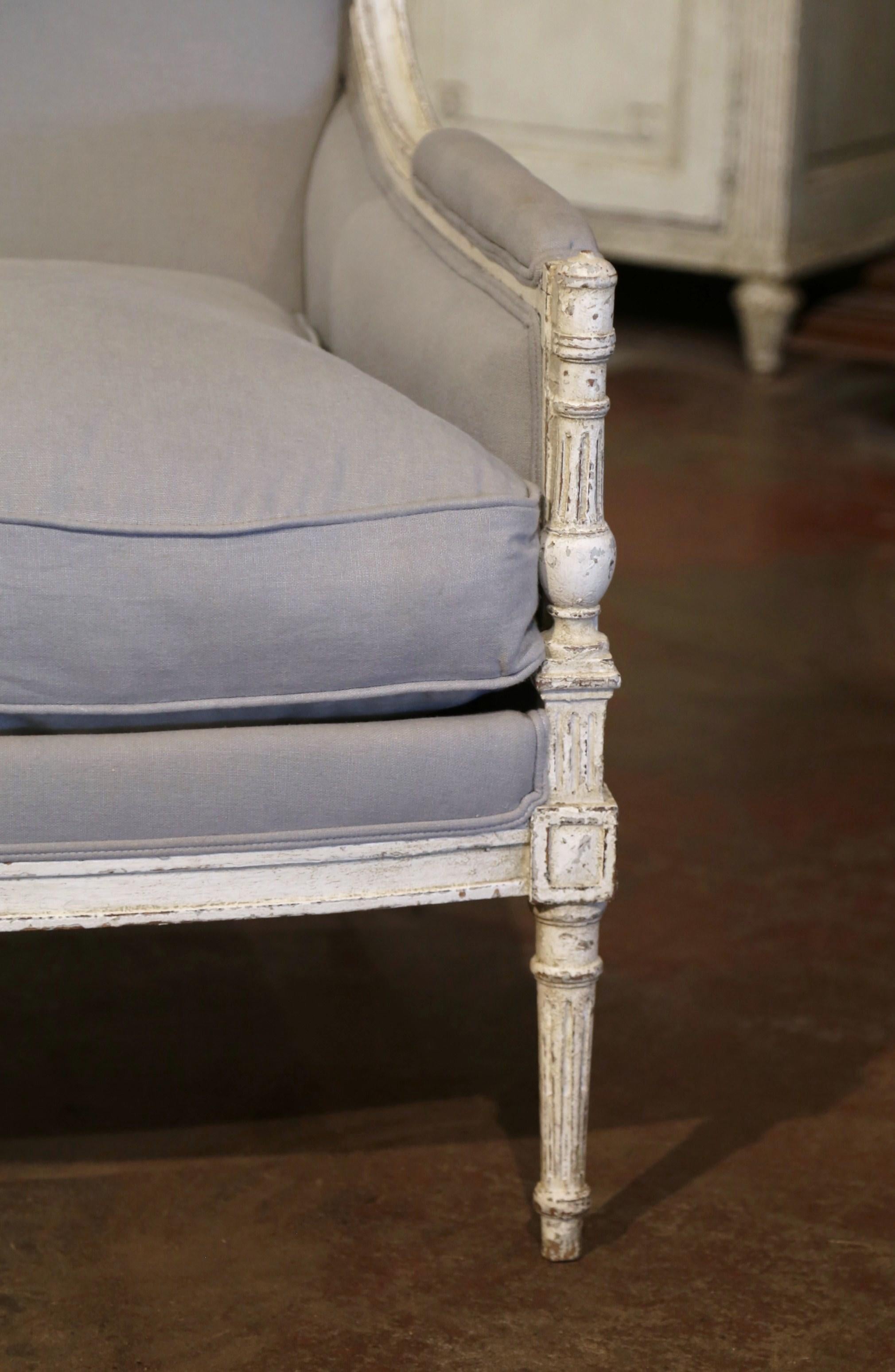 Fabric Pair of 19th Century French Louis XVI Carved Painted Upholstered Armchairs