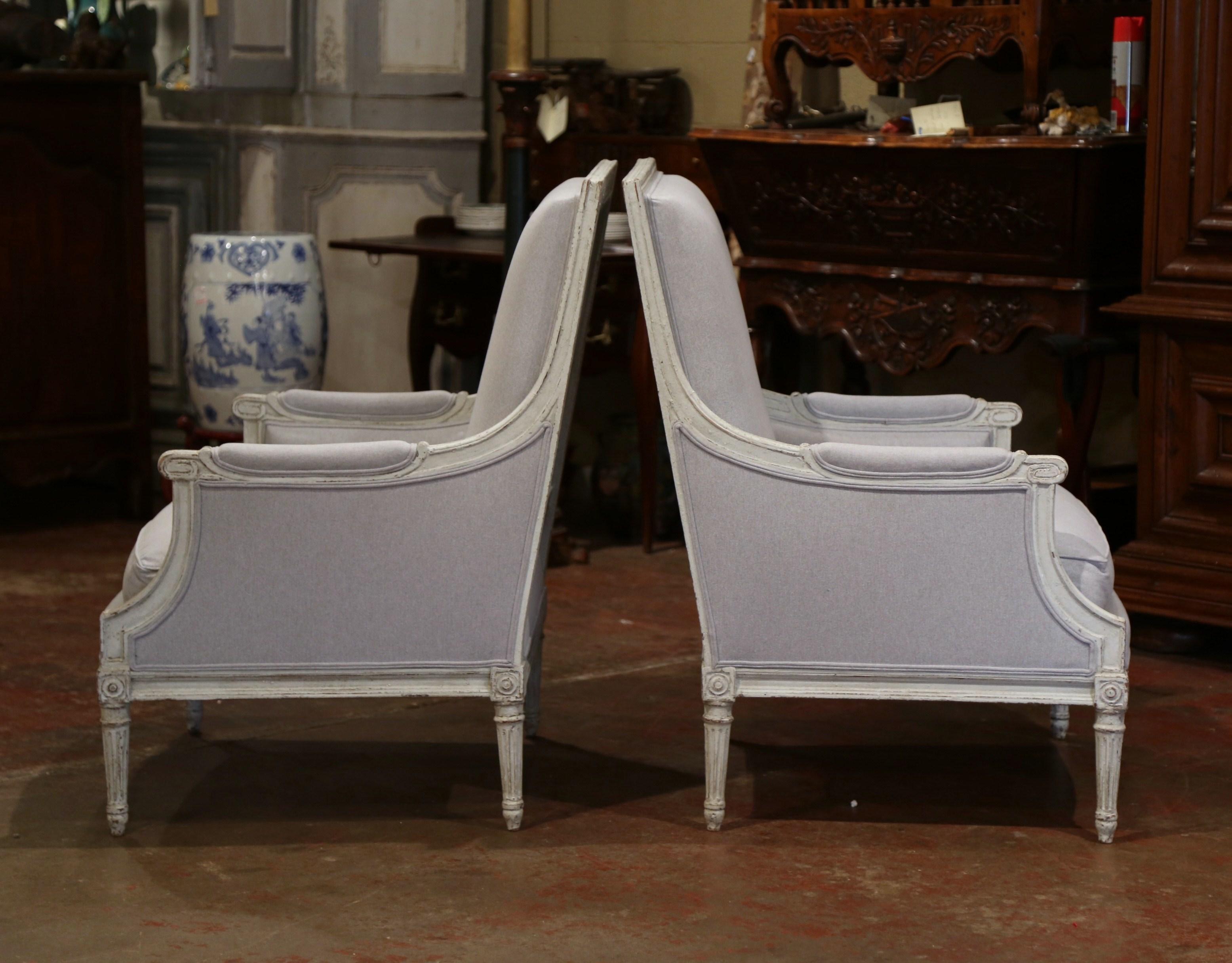 Pair of 19th Century French Louis XVI Carved Painted Upholstered Armchairs 1