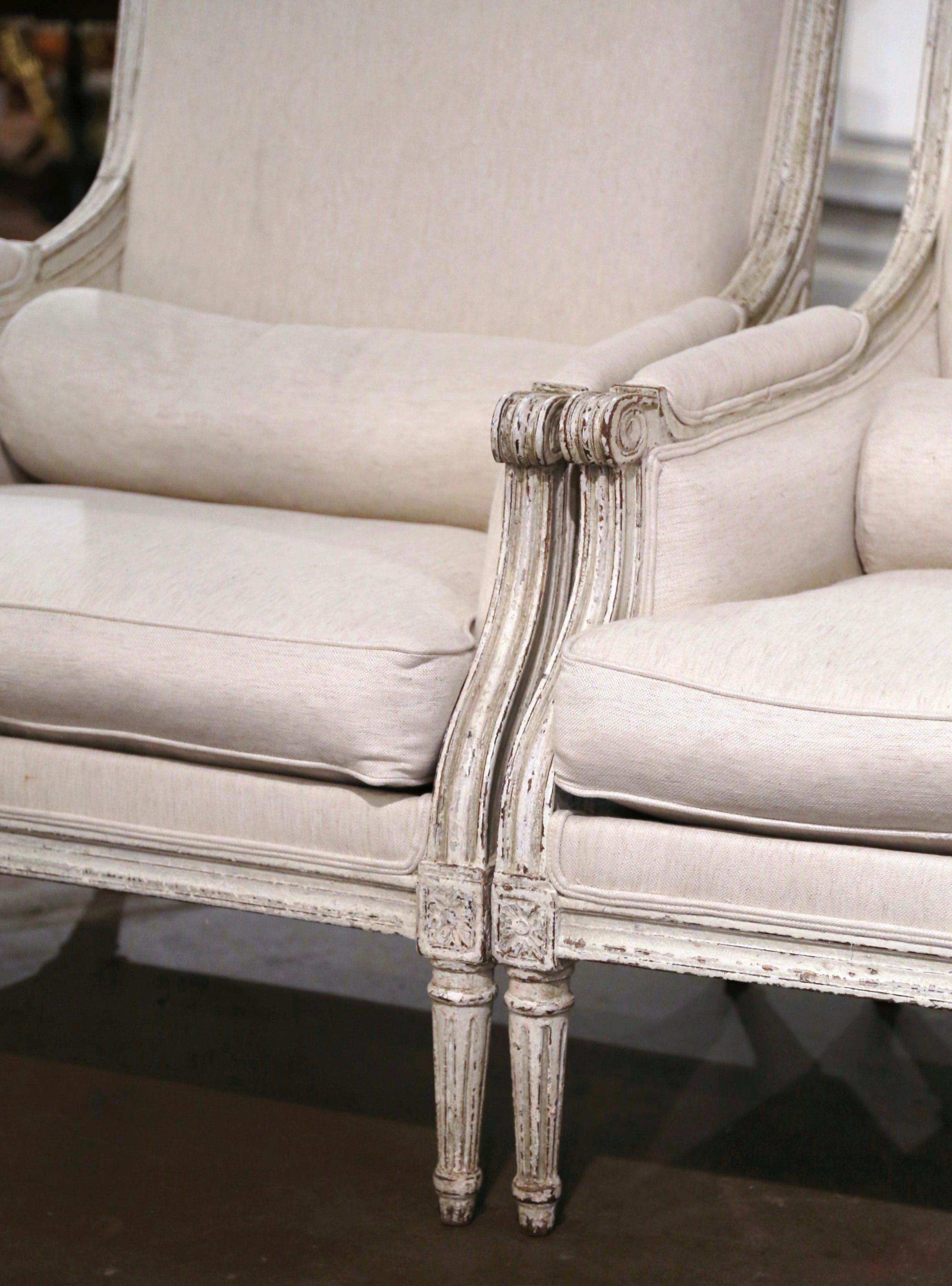 Pair of 19th Century French Louis XVI Carved Painted Upholstered Armchairs 1