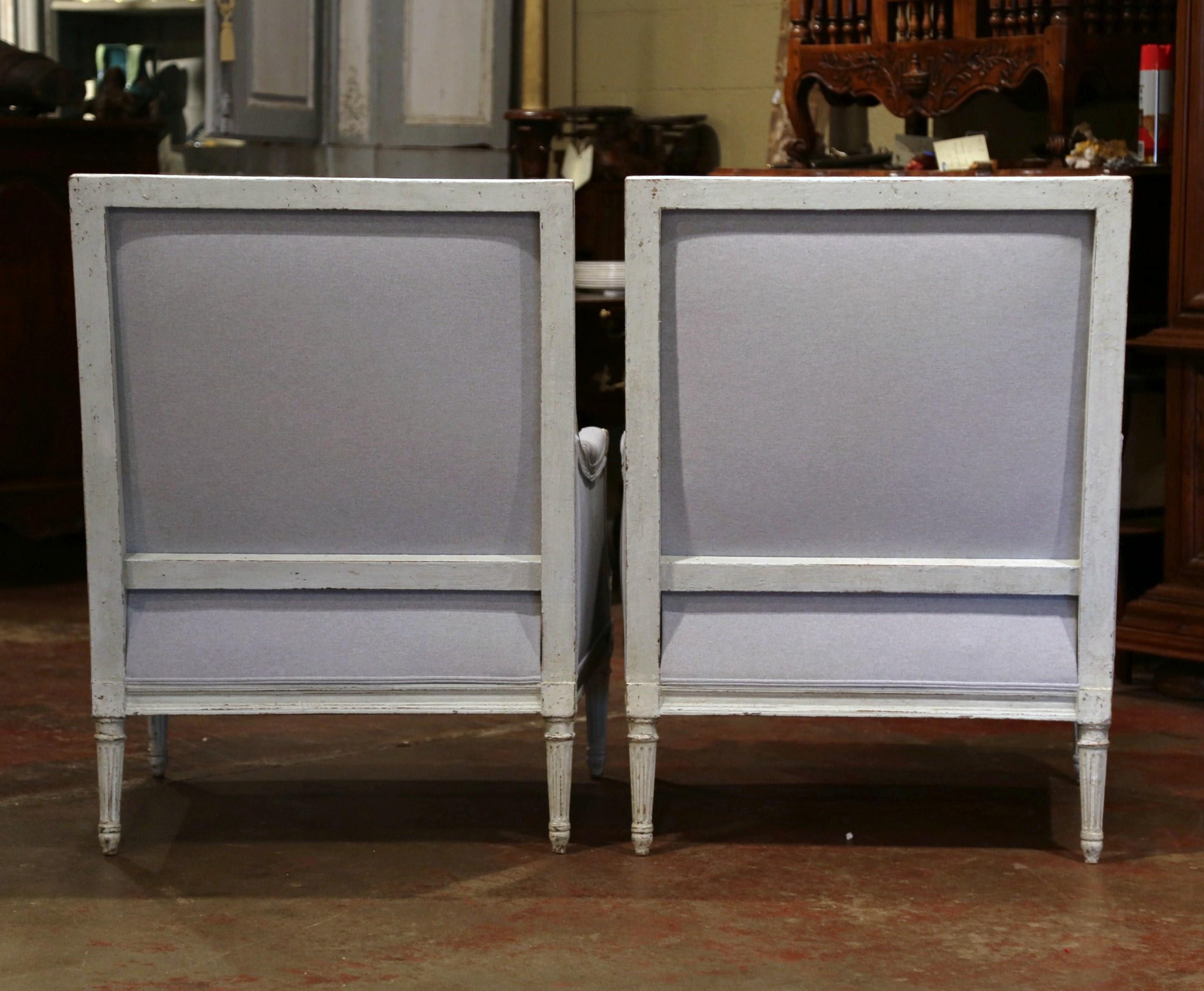 Pair of 19th Century French Louis XVI Carved Painted Upholstered Armchairs 2