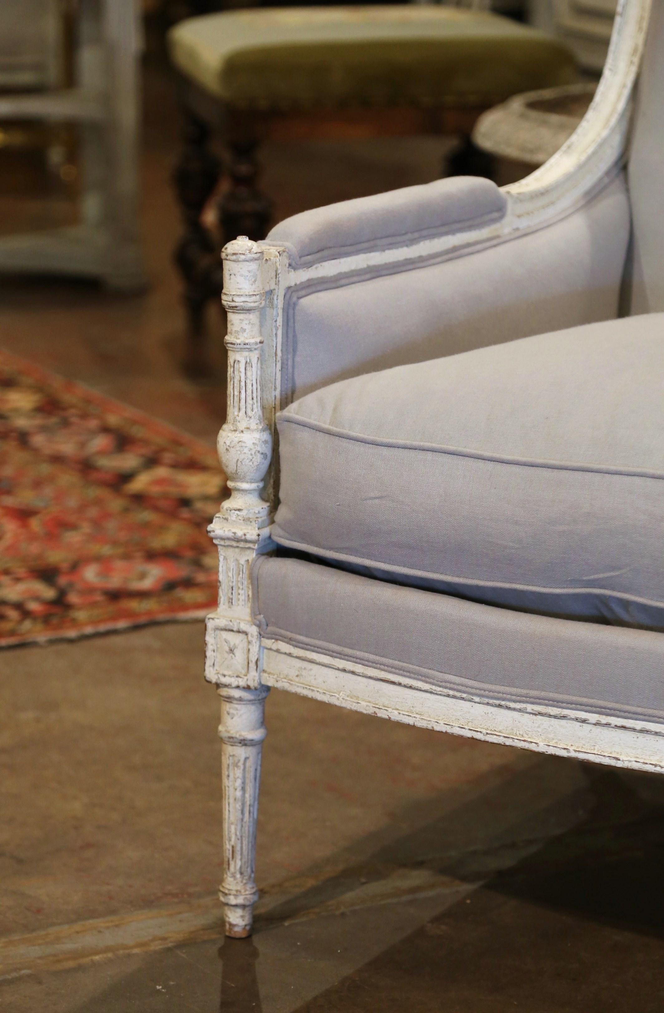 Pair of 19th Century French Louis XVI Carved Painted Upholstered Armchairs 2