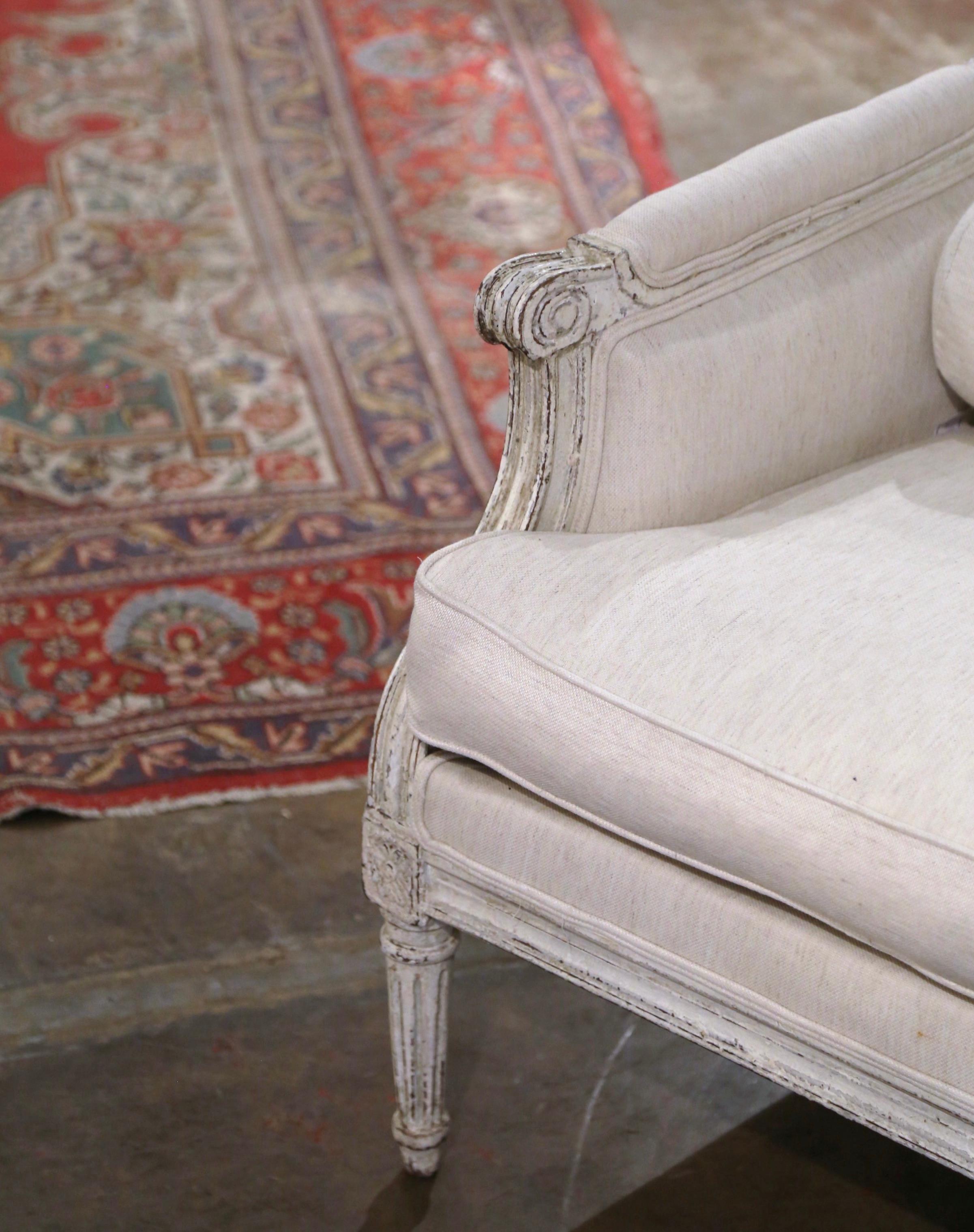 Pair of 19th Century French Louis XVI Carved Painted Upholstered Armchairs 3