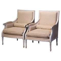 Pair of 19th Century French Louis XVI Carved Painted Upholstered Armchairs