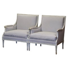 Pair of 19th Century French Louis XVI Carved Painted Upholstered Armchairs