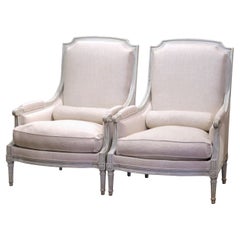 Pair of 19th Century French Louis XVI Carved Painted Upholstered Armchairs