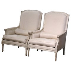 Pair of 19th Century French Louis XVI Carved Painted Upholstered Armchairs