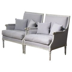 Pair of 19th Century French Louis XVI Carved Painted Upholstered Armchairs