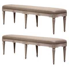 Pair of 19th Century French Louis XVI Carved Painted Upholstered Benches