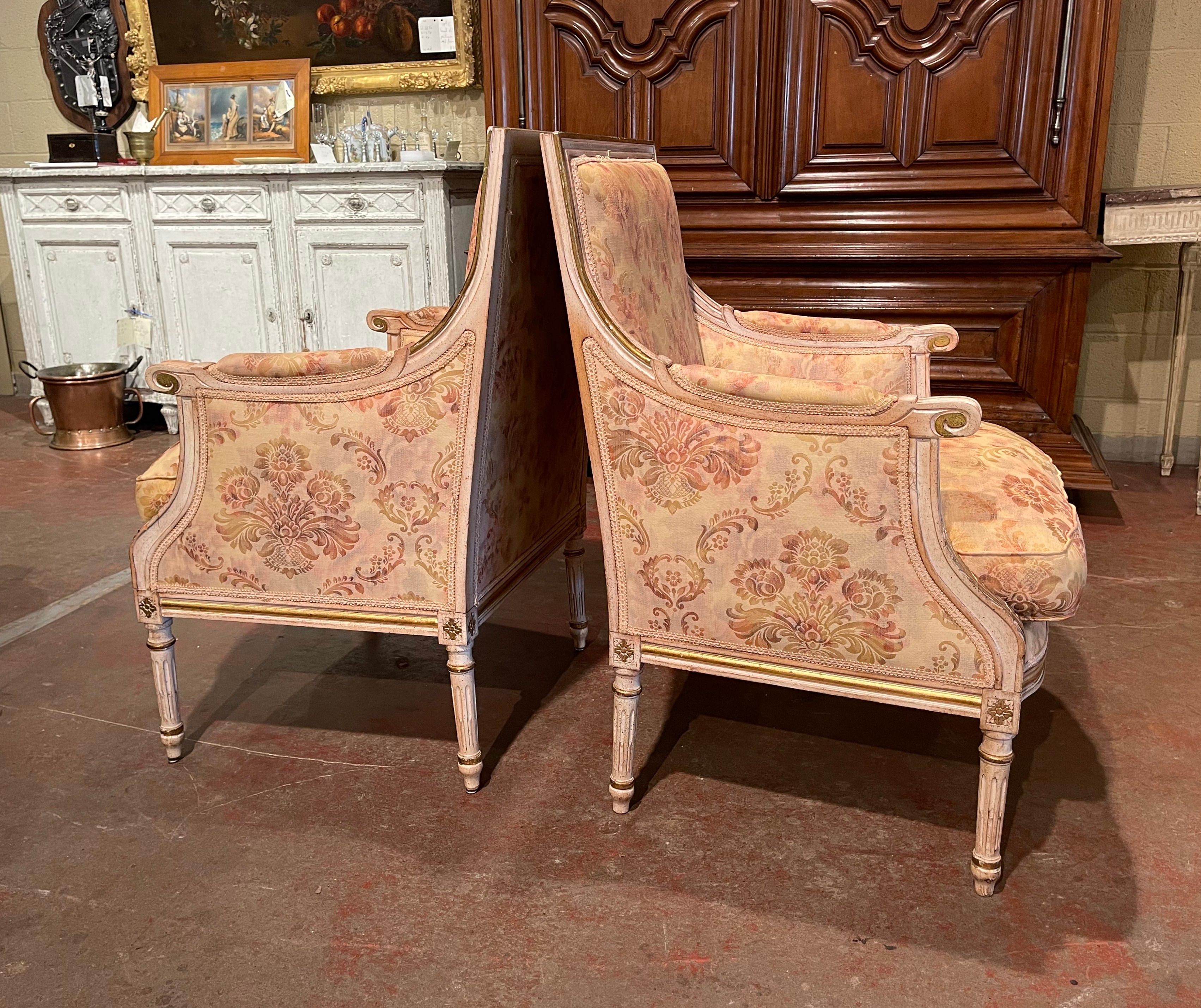 Pair of 19th Century French Louis XVI Carved Painted with Parcel Gilt Armchairs 2