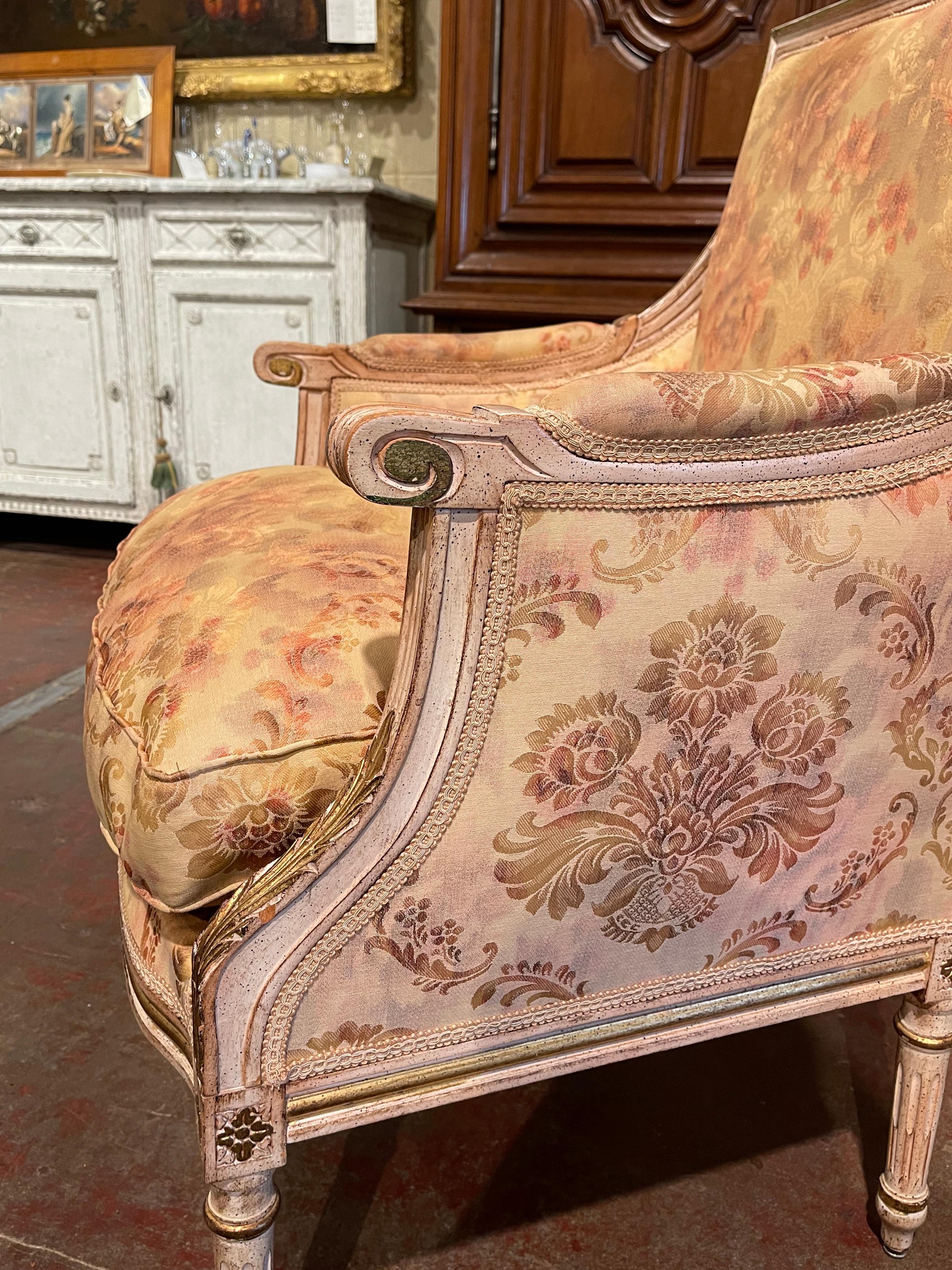 Pair of 19th Century French Louis XVI Carved Painted with Parcel Gilt Armchairs 3
