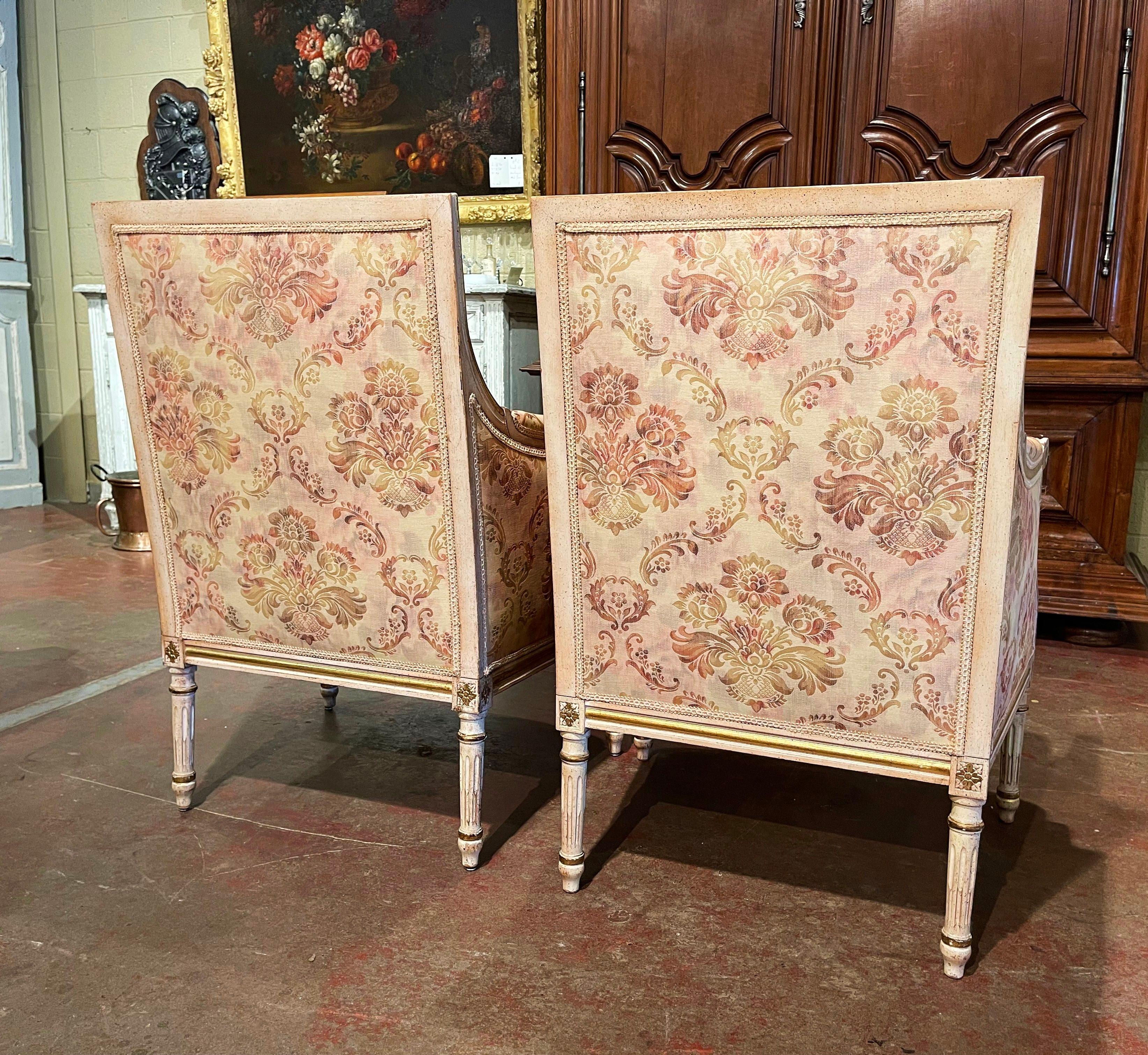 Pair of 19th Century French Louis XVI Carved Painted with Parcel Gilt Armchairs 4