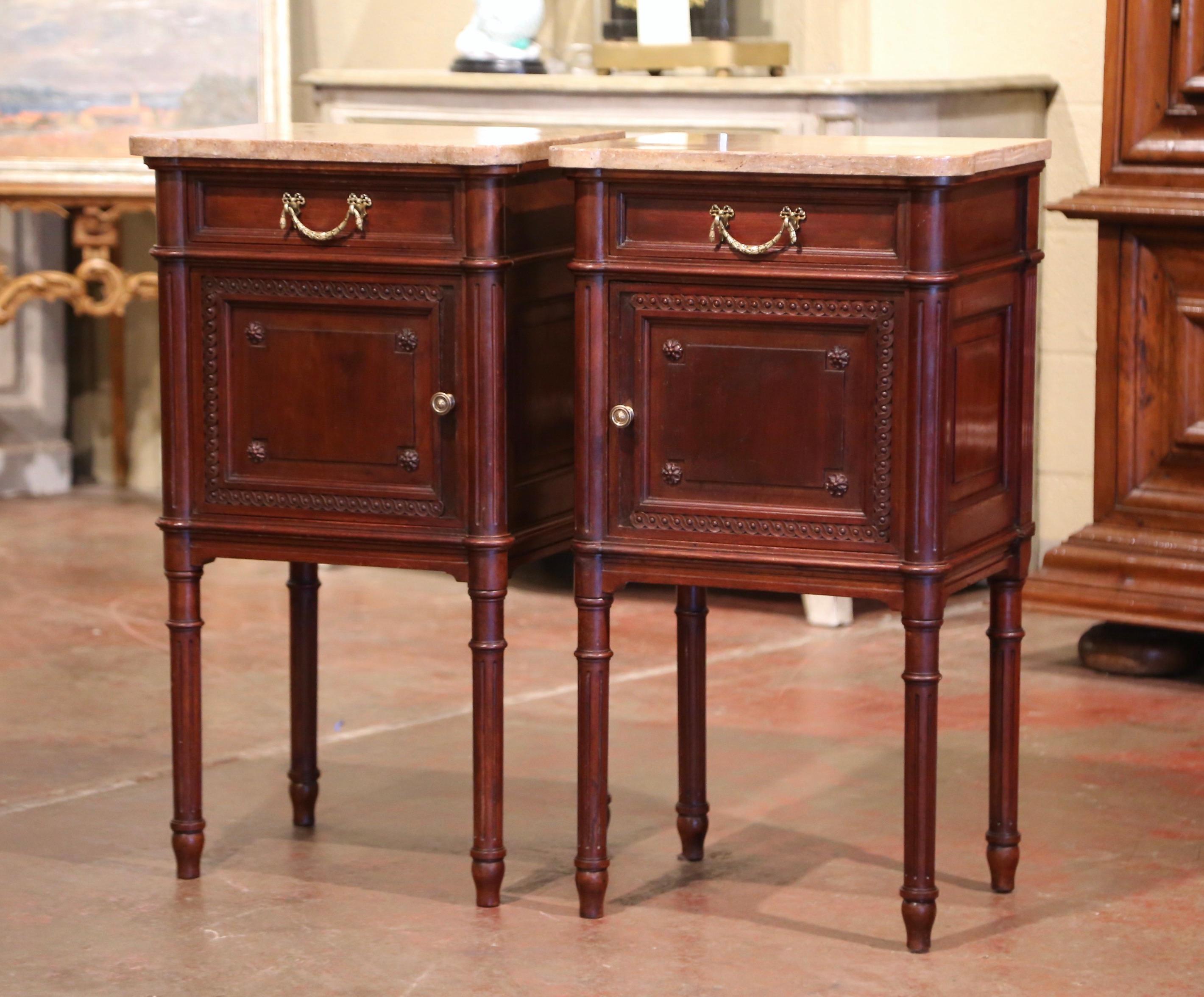 Pair of 19th Century French Louis XVI Carved Walnut and Marble-Top Nightstands In Excellent Condition In Dallas, TX