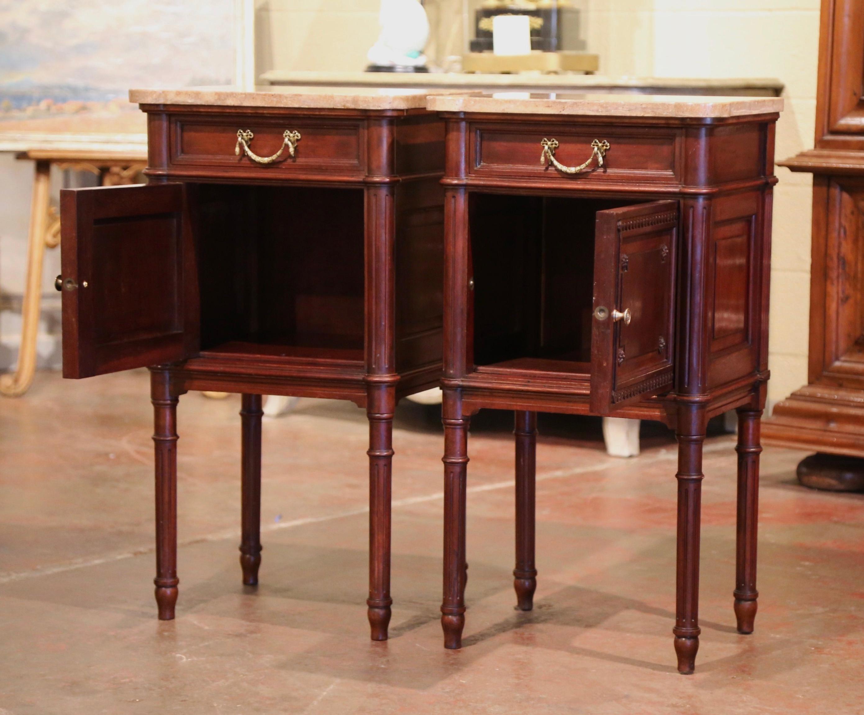 Pair of 19th Century French Louis XVI Carved Walnut and Marble-Top Nightstands 2