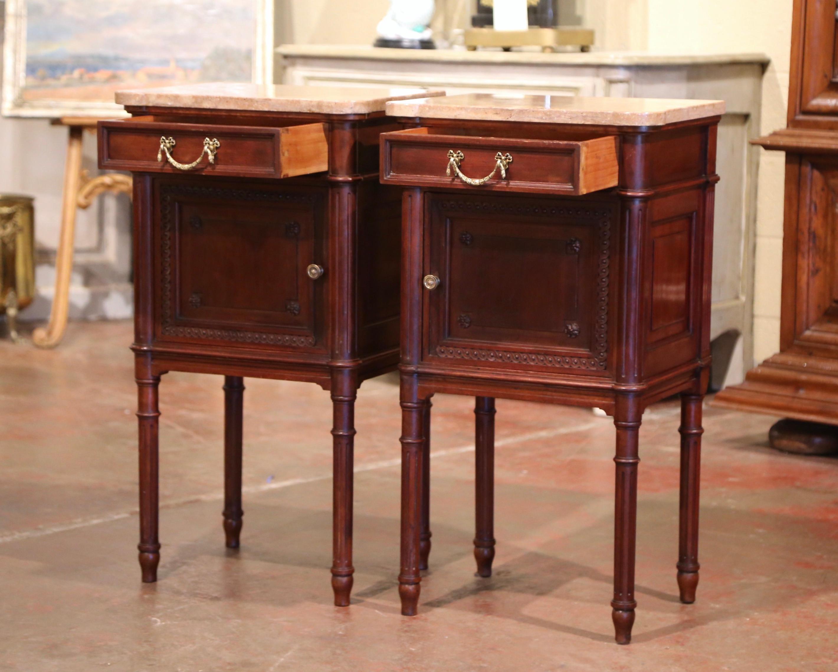 Pair of 19th Century French Louis XVI Carved Walnut and Marble-Top Nightstands 3