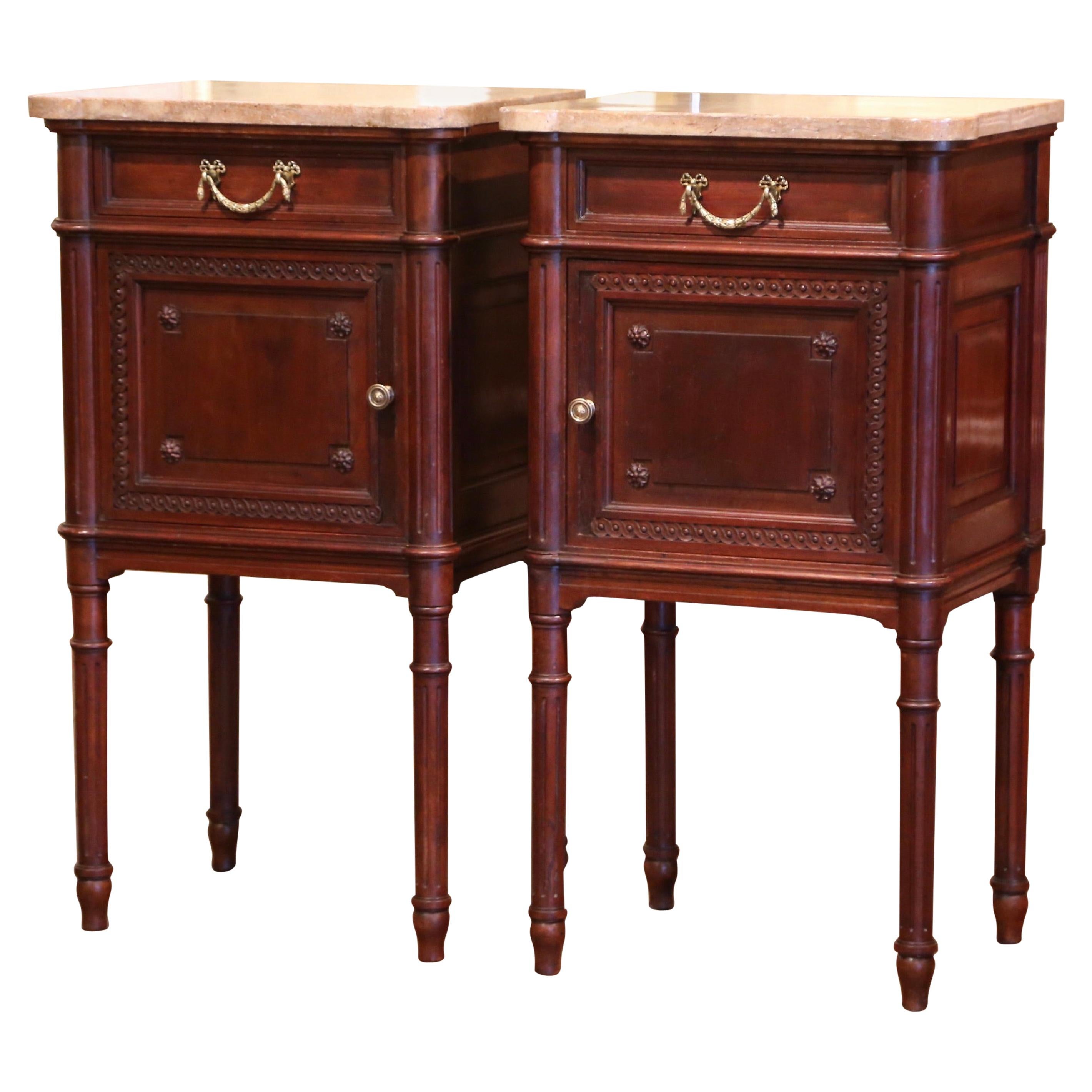 Pair of 19th Century French Louis XVI Carved Walnut and Marble-Top Nightstands
