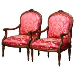 Pair of 19th Century French Louis XVI Carved Walnut Fauteuils with Silk Fabric