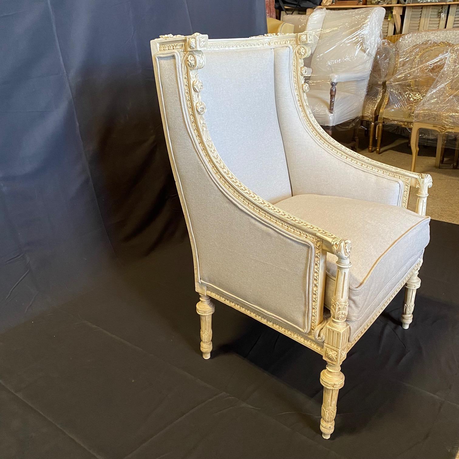 Pair of 19th Century French Louis XVI Carved Winged Armchairs or Bergeres In Good Condition In Hopewell, NJ