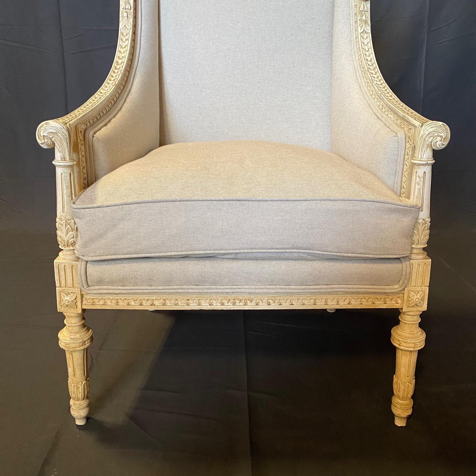 Pair of 19th Century French Louis XVI Carved Winged Armchairs or Bergeres 3