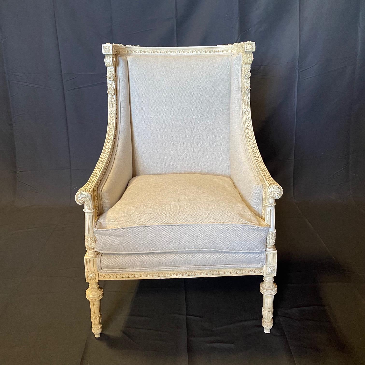 Pair of 19th Century French Louis XVI Carved Winged Armchairs or Bergeres 4