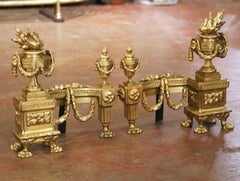 Pair of 19th Century French Louis XVI Gilt Bronze Fireplace Chenets Andirons
