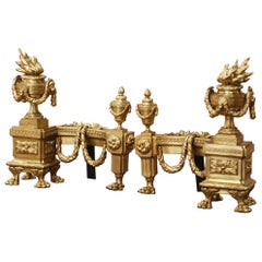 Pair of 19th Century French Louis XVI Gilt Bronze Fireplace Chenets Andirons