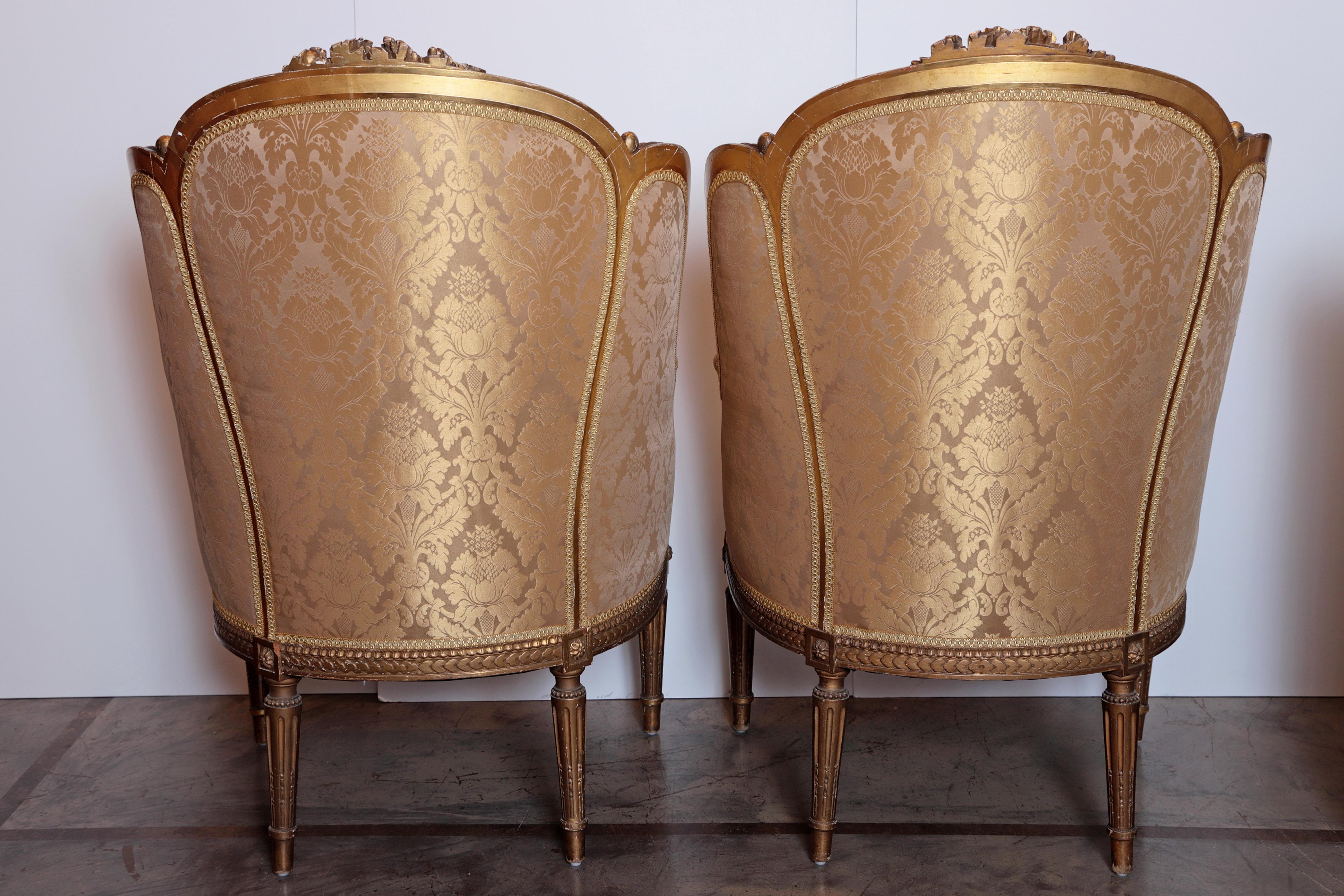 Pair of 19th Century French Louis XVI Gilt Carved Bergeres In Good Condition In Dallas, TX