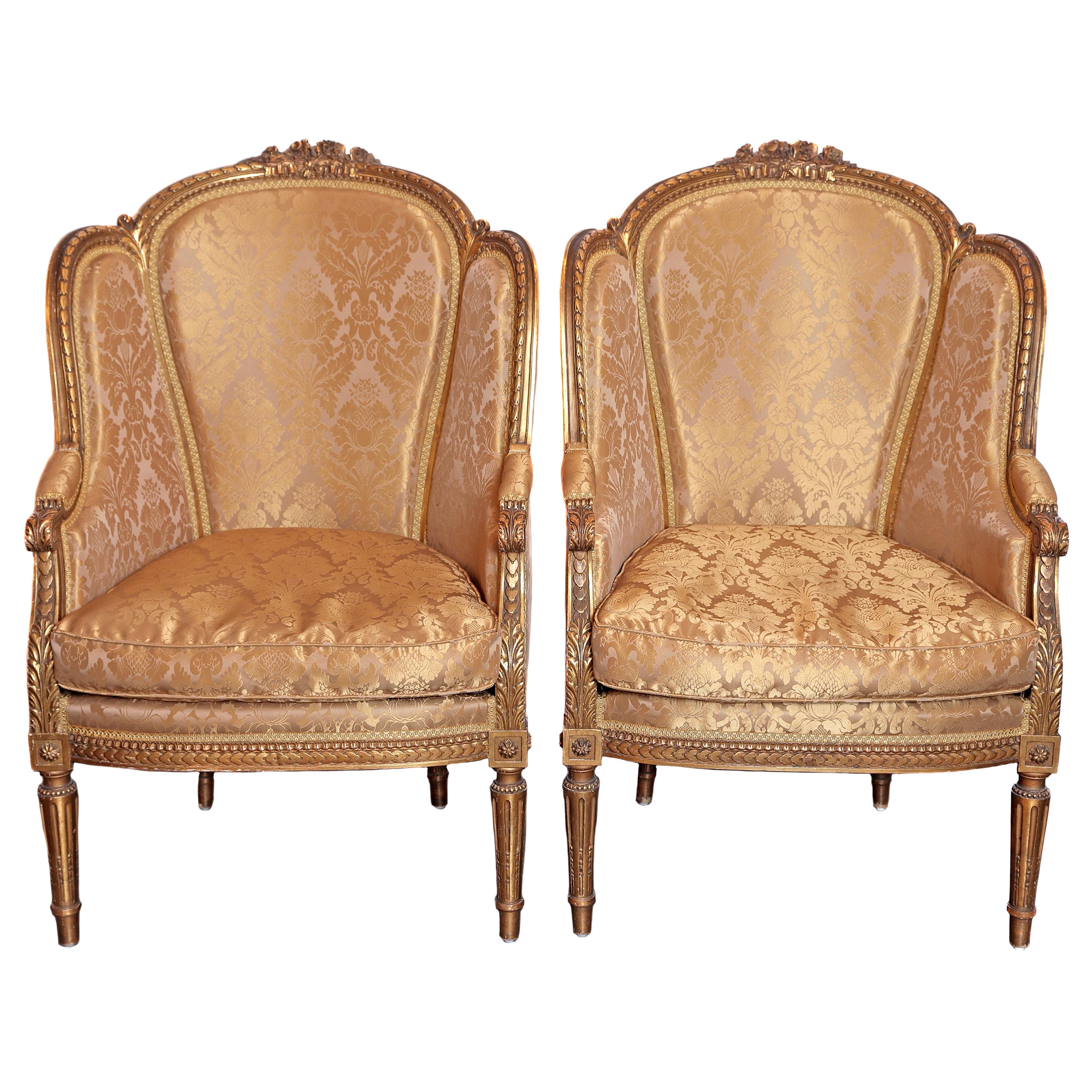 Pair of 19th Century French Louis XVI Gilt Carved Bergeres