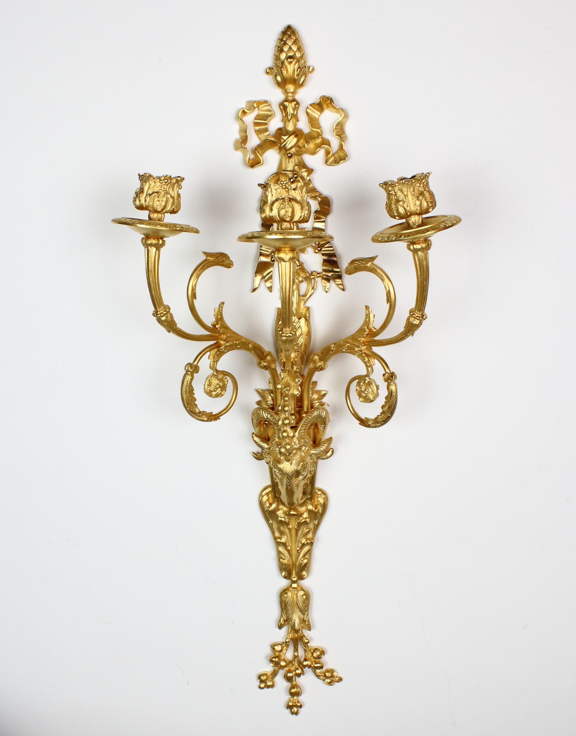 Gilt Pair of 19th Century French Louis XVI Goat Heads Three-Light Wall Lights/Sconces For Sale