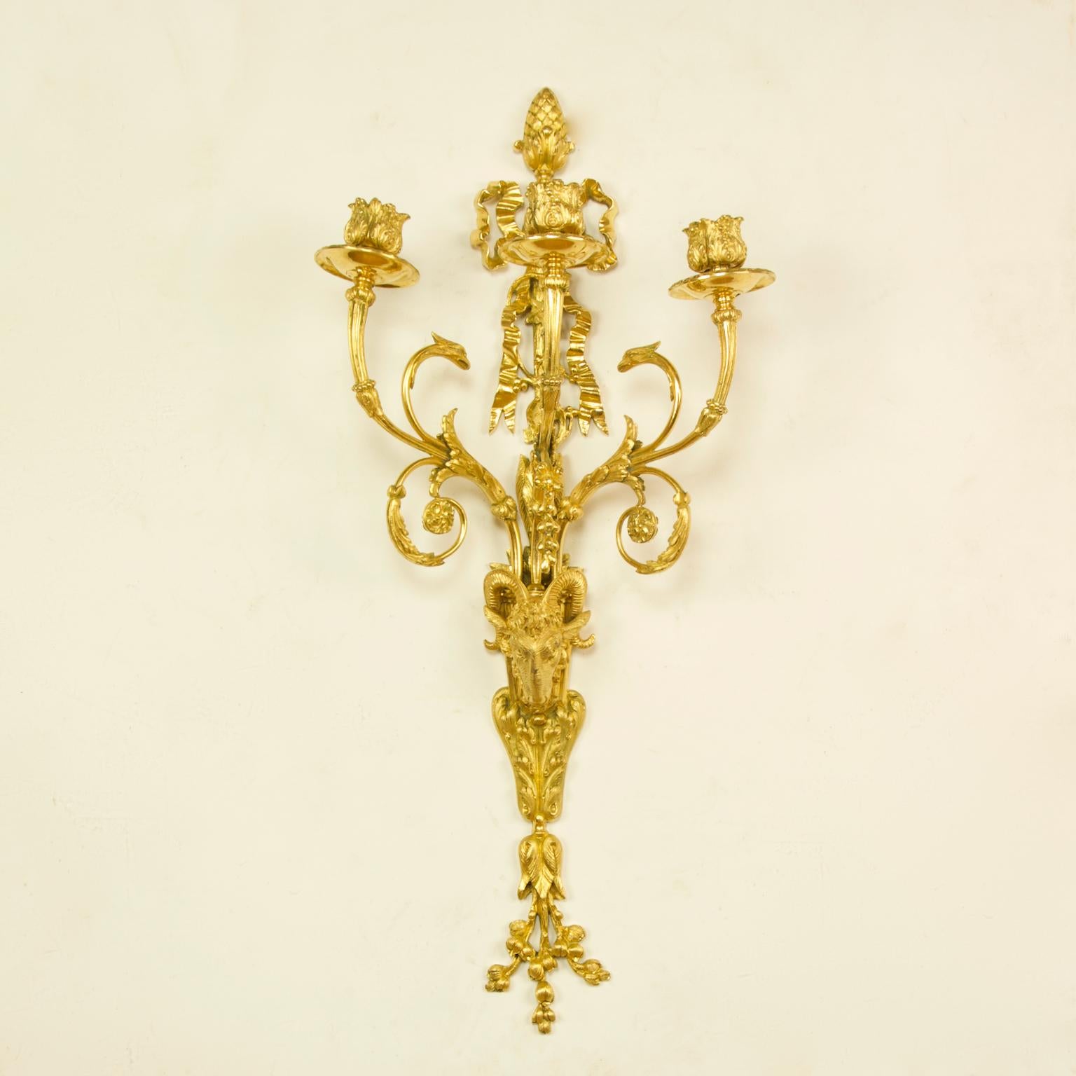 Pair of 19th Century French Louis XVI Goat Heads Three-Light Wall Lights/Sconces In Good Condition In Berlin, DE