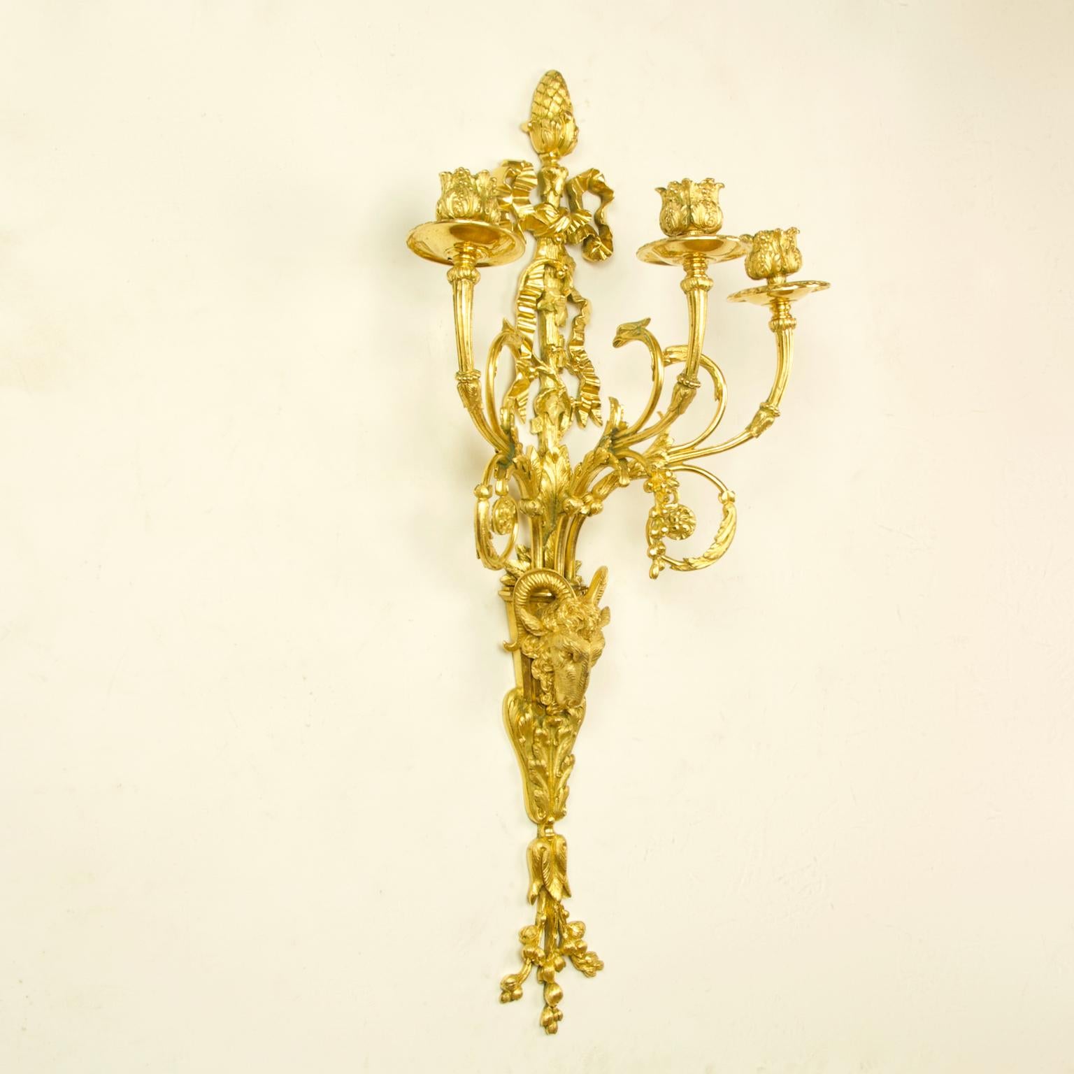 Mid-19th Century Pair of 19th Century French Louis XVI Goat Heads Three-Light Wall Lights/Sconces