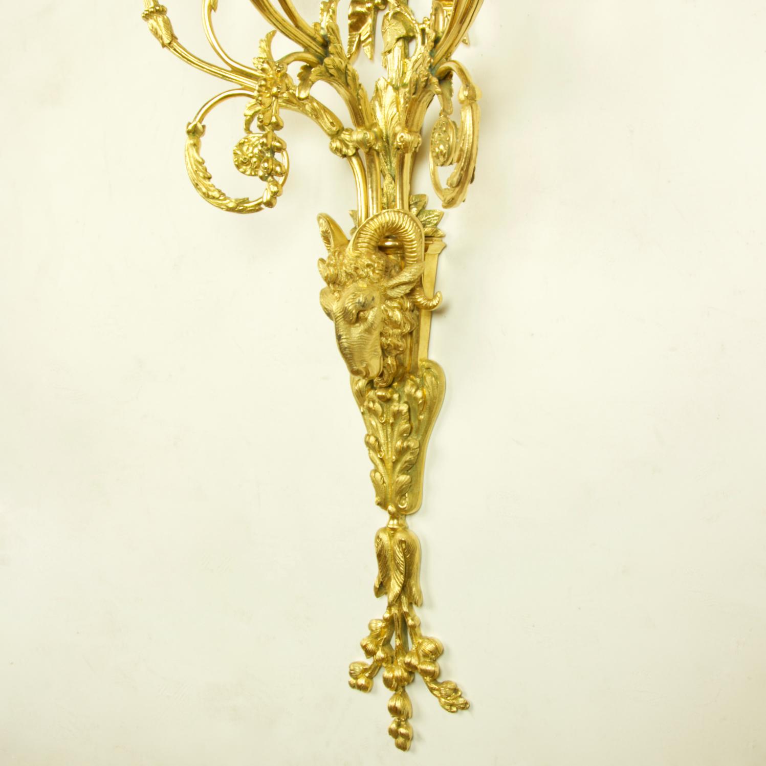 Bronze Pair of 19th Century French Louis XVI Goat Heads Three-Light Wall Lights/Sconces