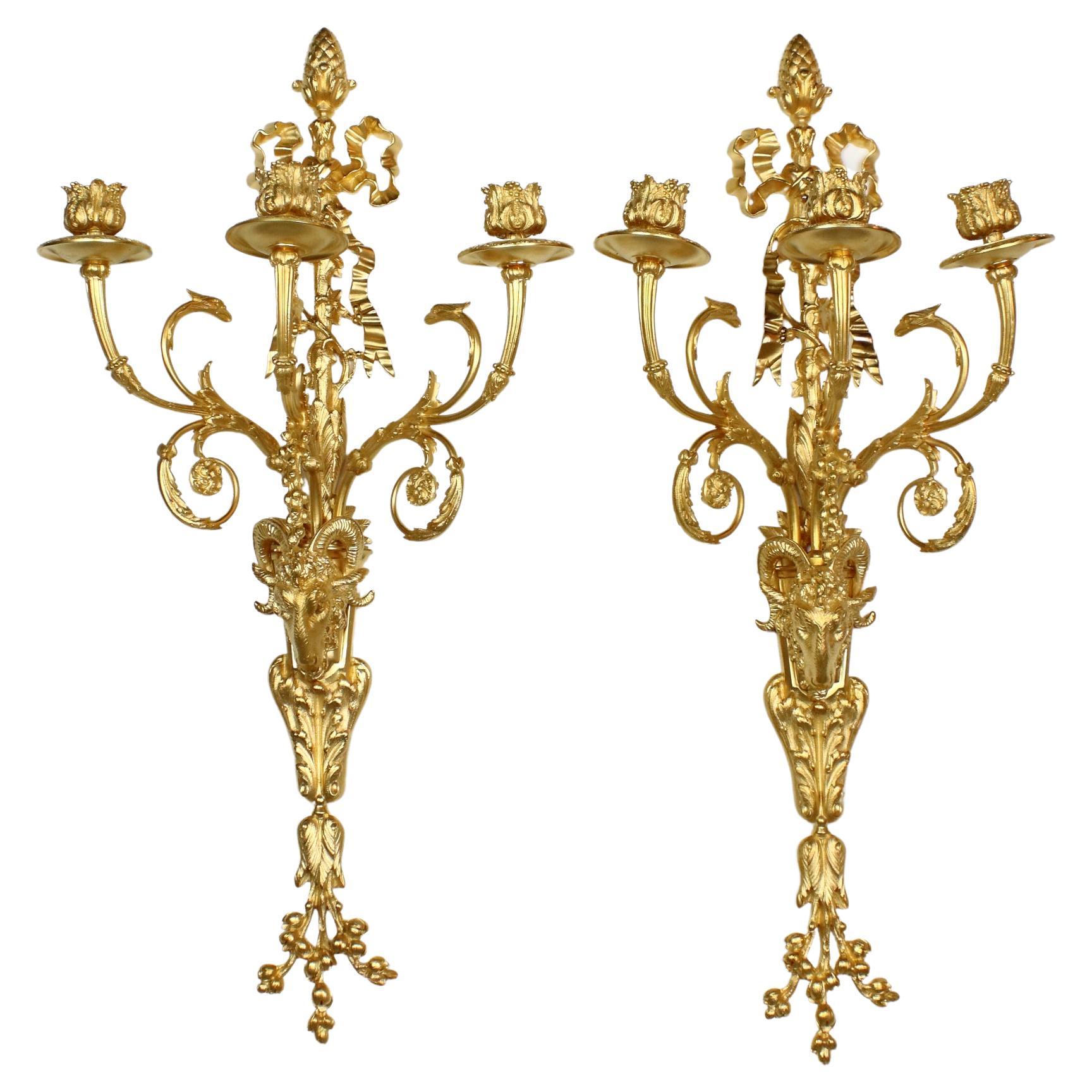 Pair of 19th Century French Louis XVI Goat Heads Three-Light Wall Lights/Sconces For Sale