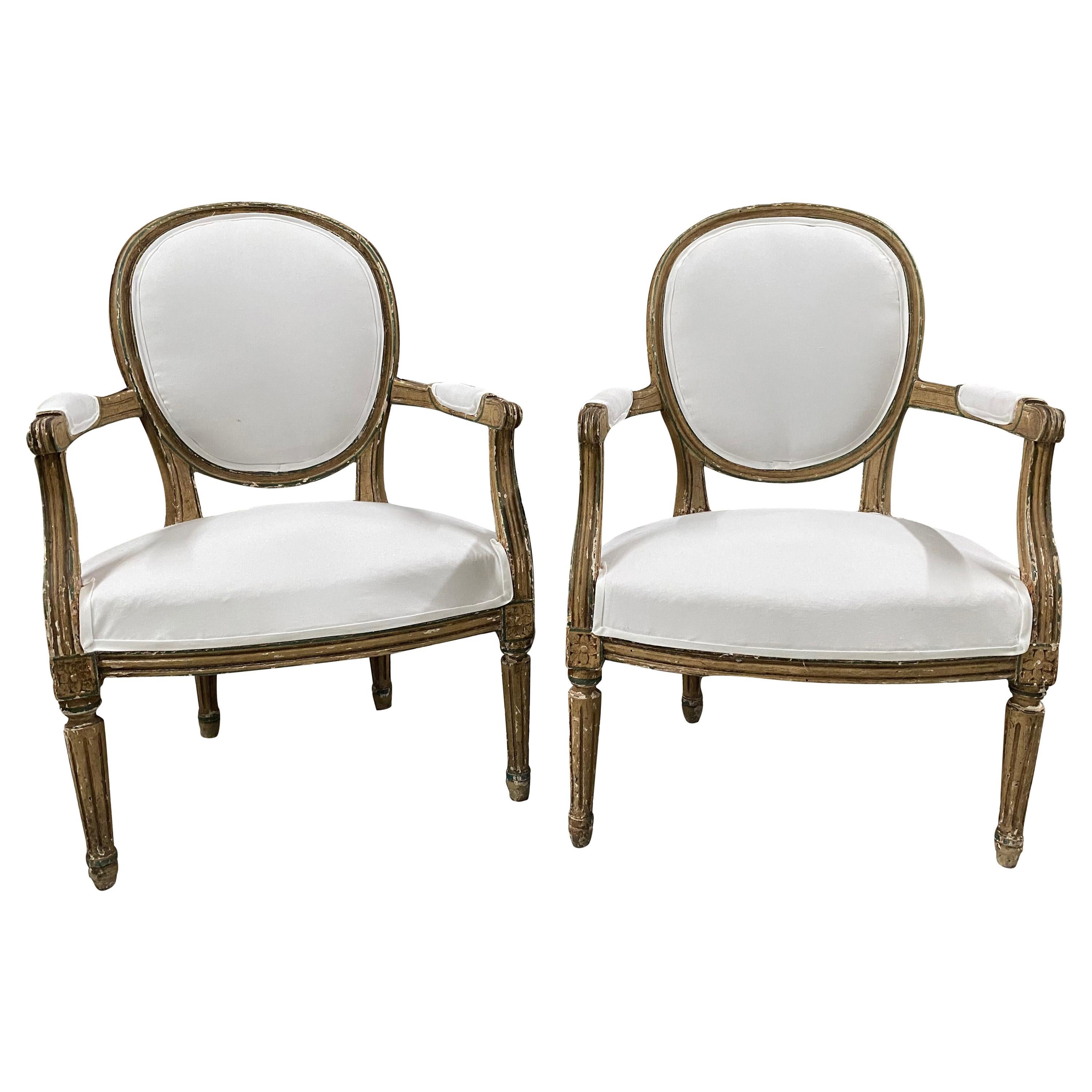 Pair of 19th Century French Louis XVI Gold and Green Armchairs For Sale ...