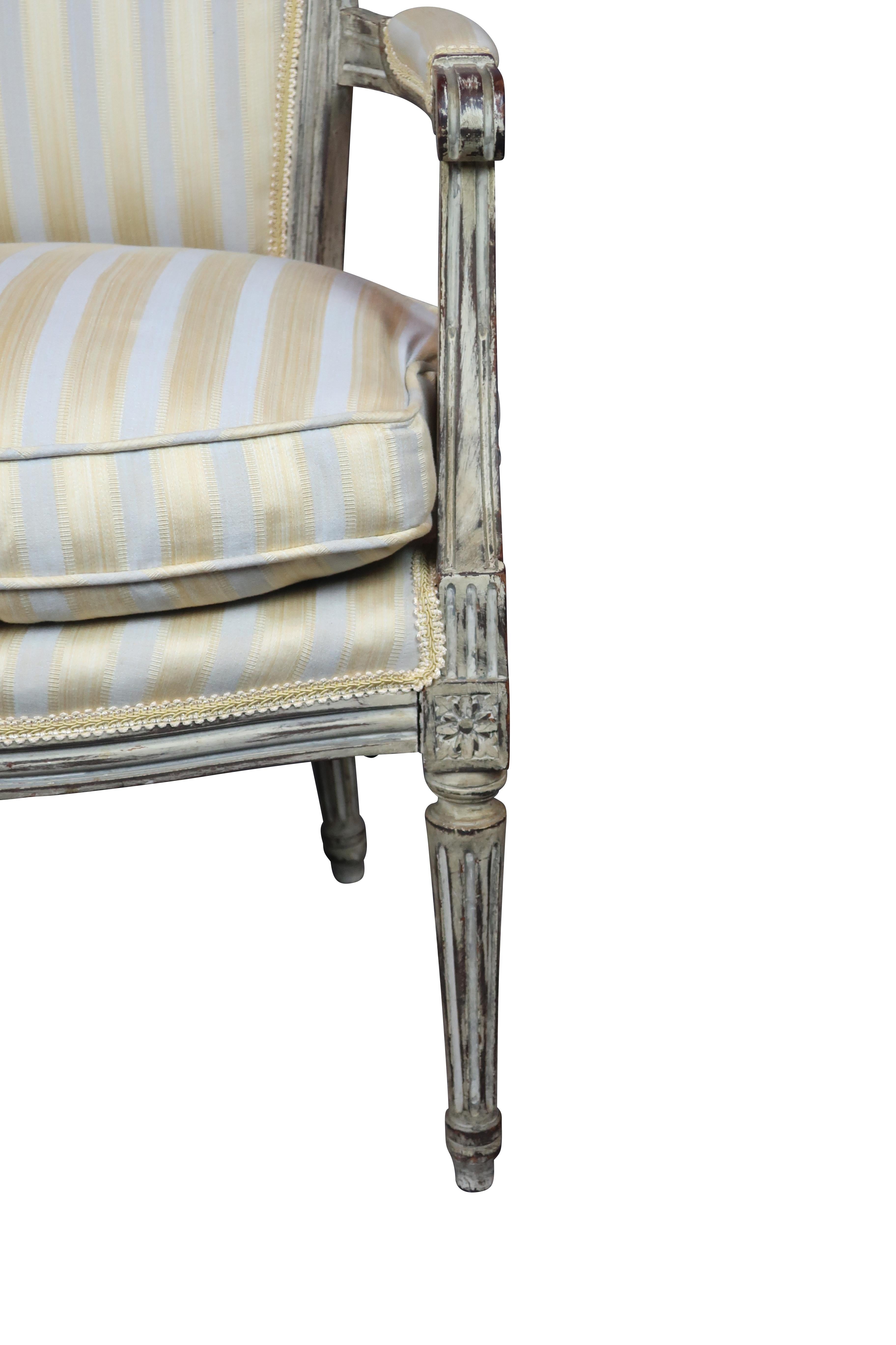 American  Grey Painted Pair of 19th Century French Louis XVI Upholstered Chairs 