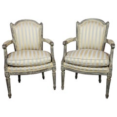 Grey Painted Pair of 19th Century French Louis XVI Upholstered Chairs