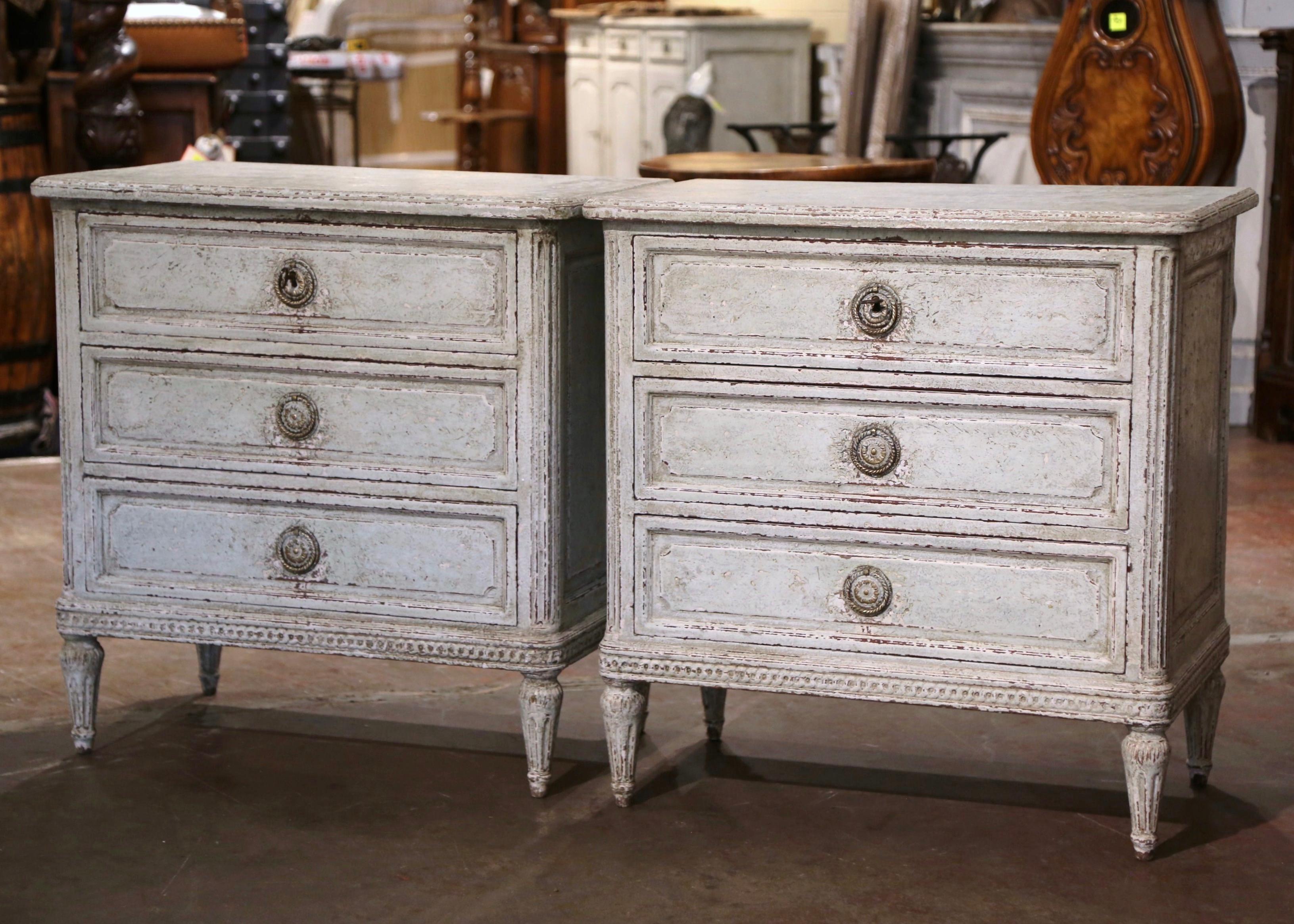 Pair of 19th Century French Louis XVI Hand Painted Chests of Drawers Nightstands 1