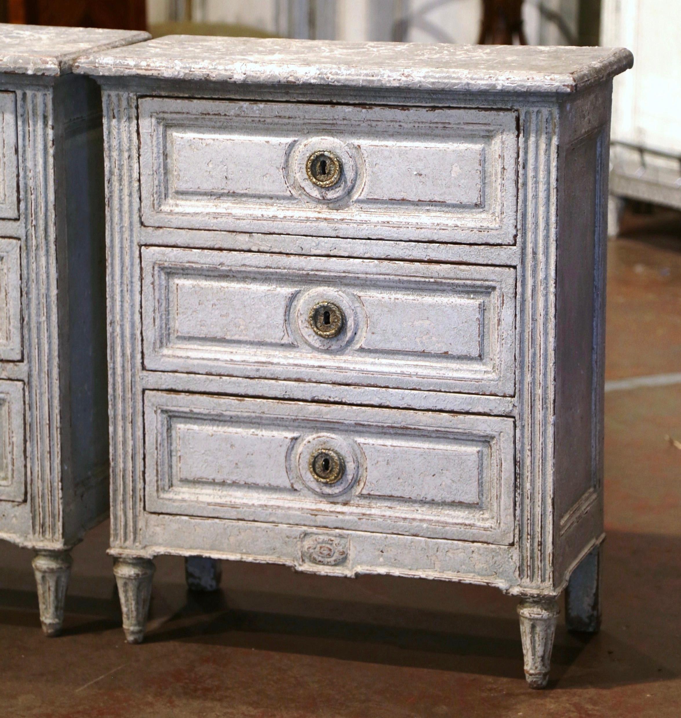 Hand-Carved Pair of 19th Century French Louis XVI Hand Painted Three-Drawer Nightstands