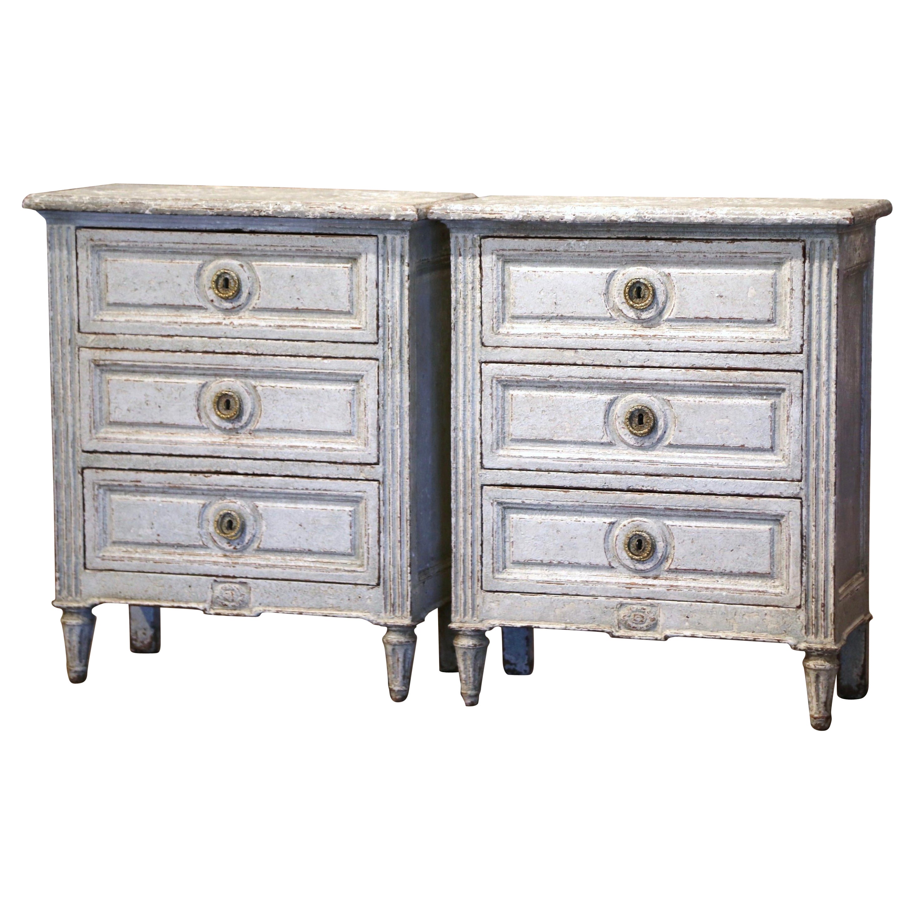 Pair of 19th Century French Louis XVI Hand Painted Three-Drawer Nightstands