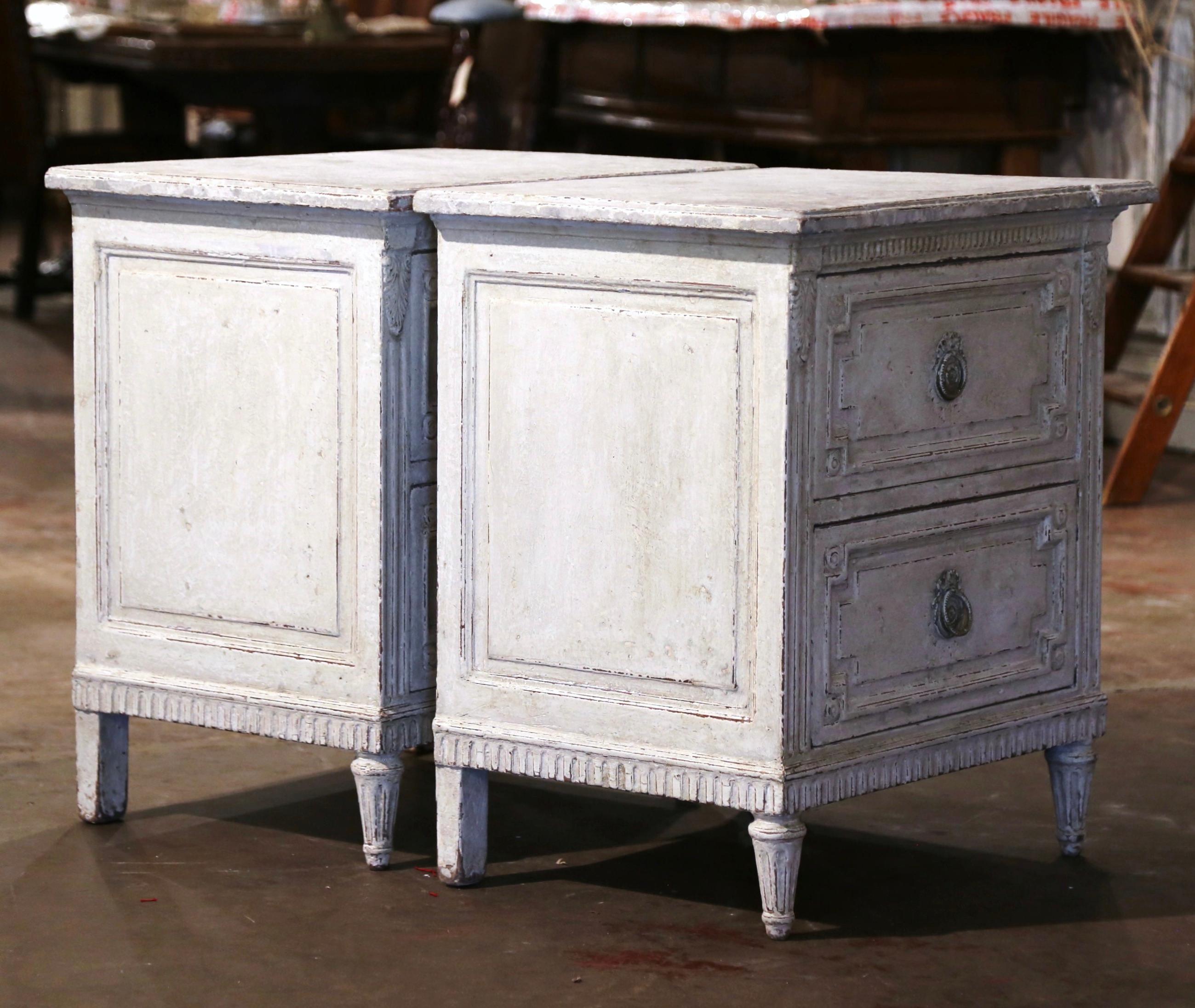 Pair of 19th Century French Louis XVI Hand Painted Two-Drawer Chests Nightstands 6