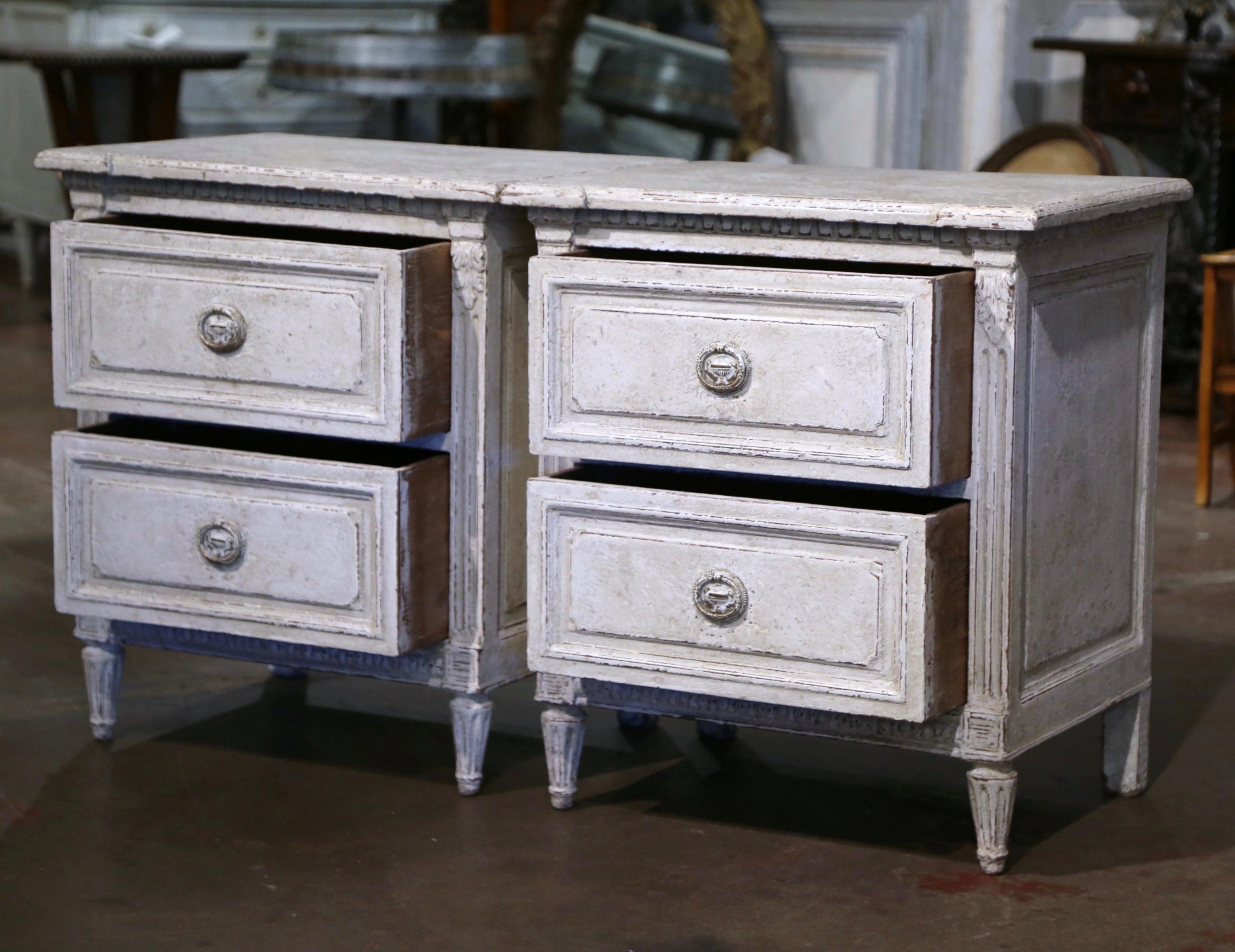 Pair of 19th Century French Louis XVI Hand Painted Two-Drawer Chests Nightstands 8