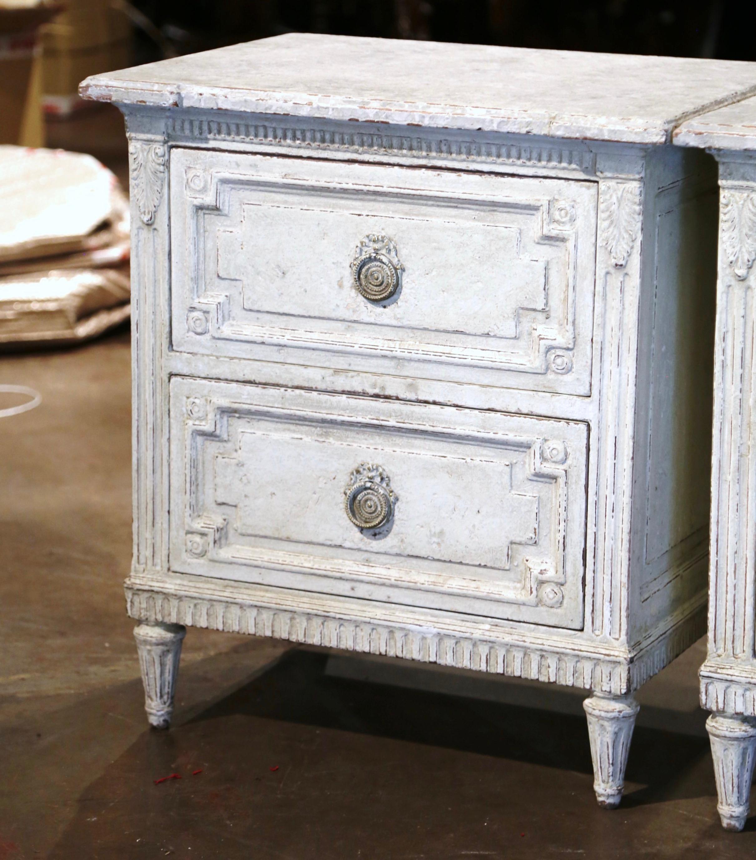 Hand-Carved Pair of 19th Century French Louis XVI Hand Painted Two-Drawer Chests Nightstands