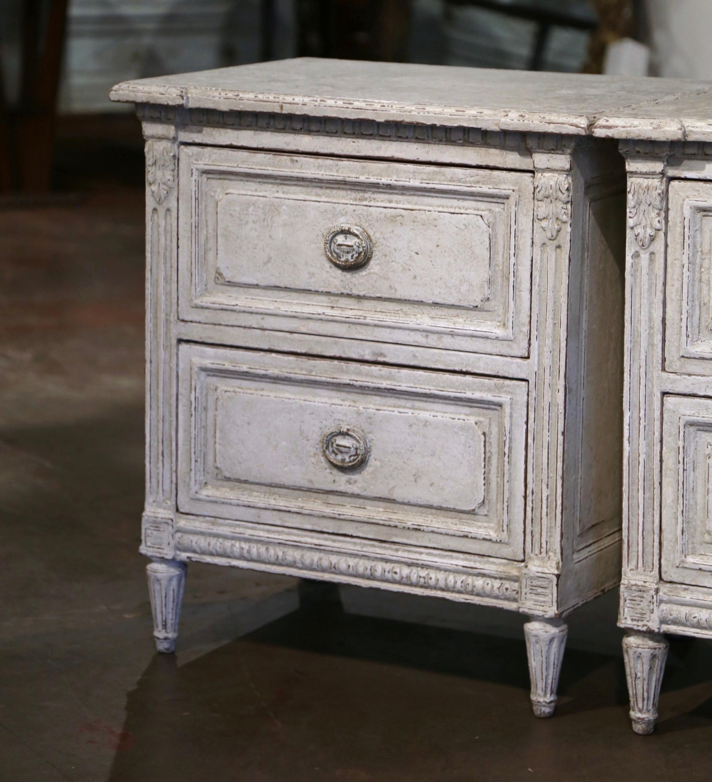 Hand-Carved Pair of 19th Century French Louis XVI Hand Painted Two-Drawer Chests Nightstands