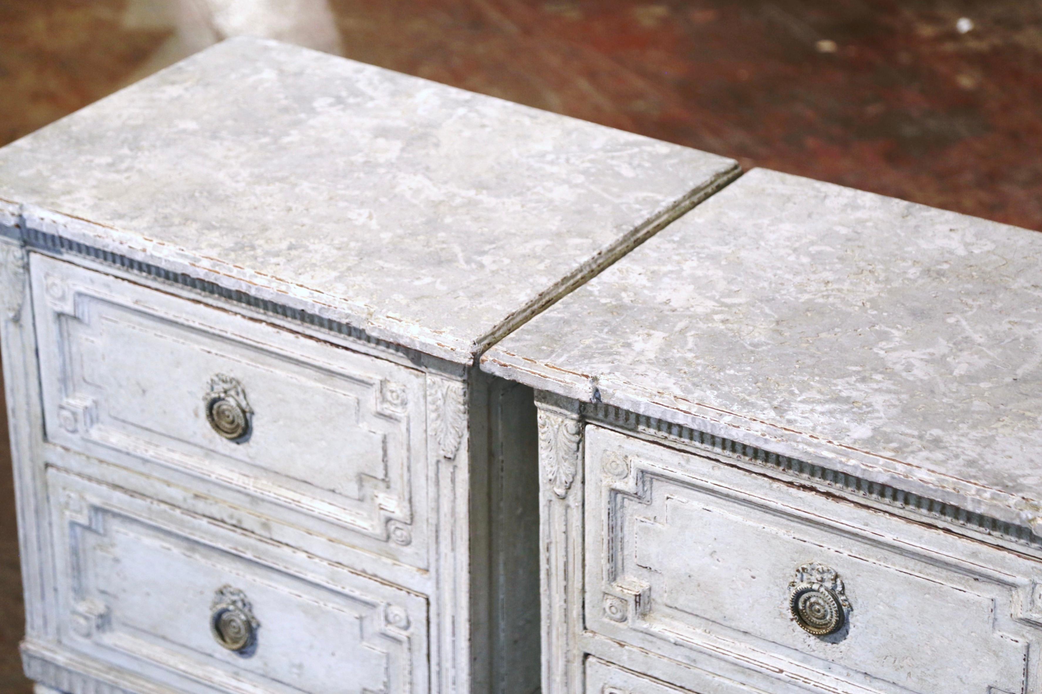 Pair of 19th Century French Louis XVI Hand Painted Two-Drawer Chests Nightstands In Excellent Condition In Dallas, TX