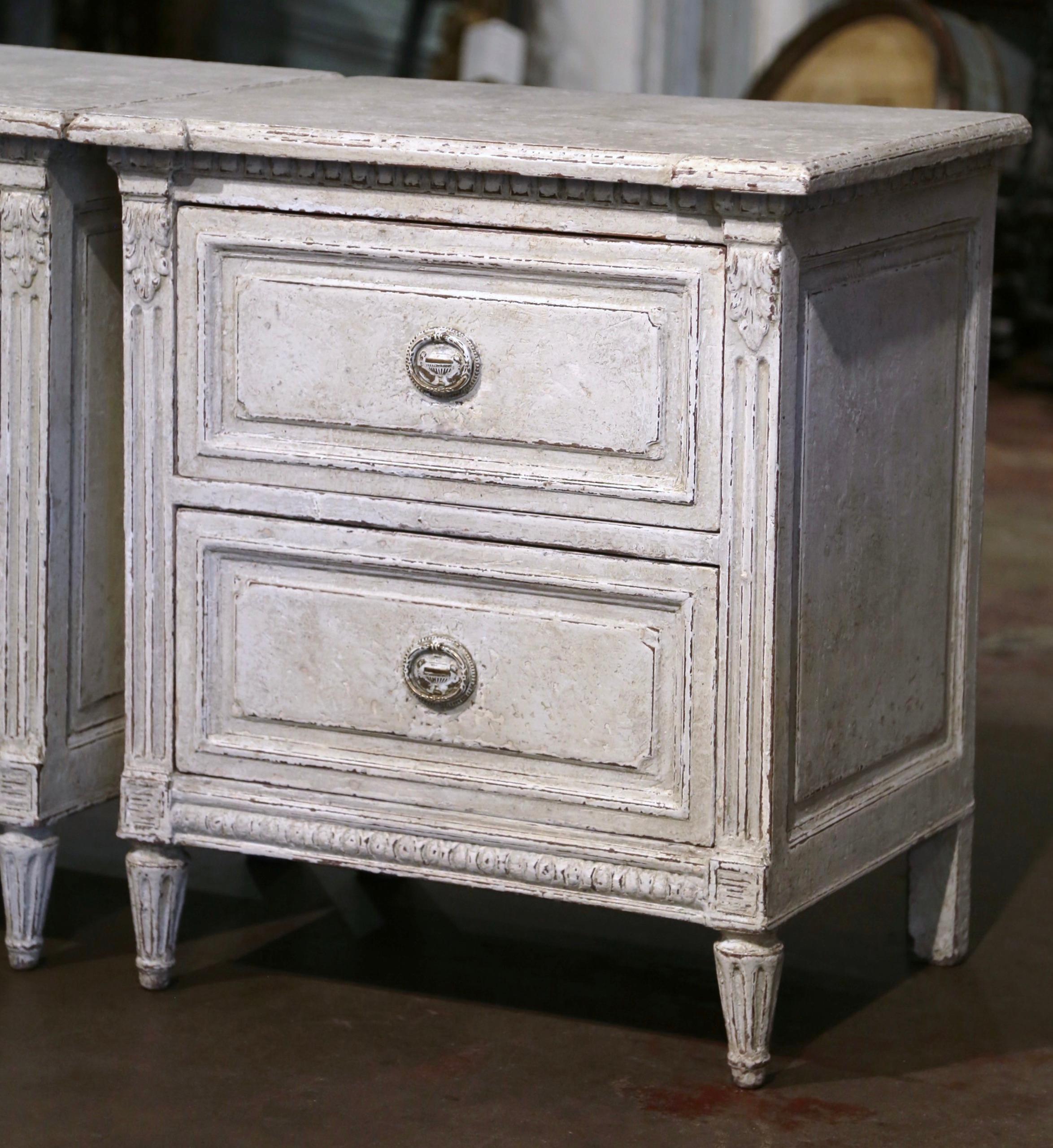 Pair of 19th Century French Louis XVI Hand Painted Two-Drawer Chests Nightstands In Excellent Condition In Dallas, TX