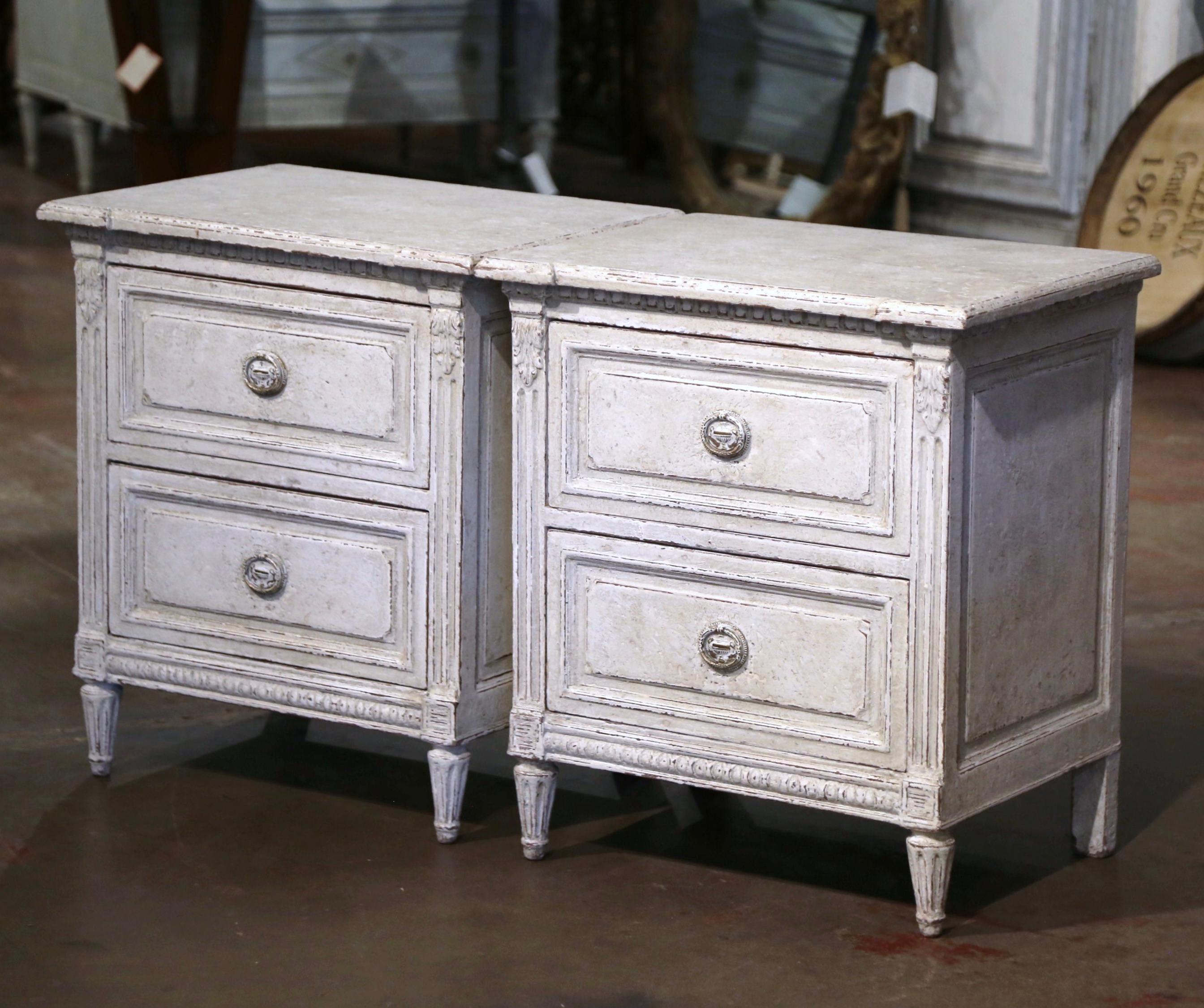 Wood Pair of 19th Century French Louis XVI Hand Painted Two-Drawer Chests Nightstands