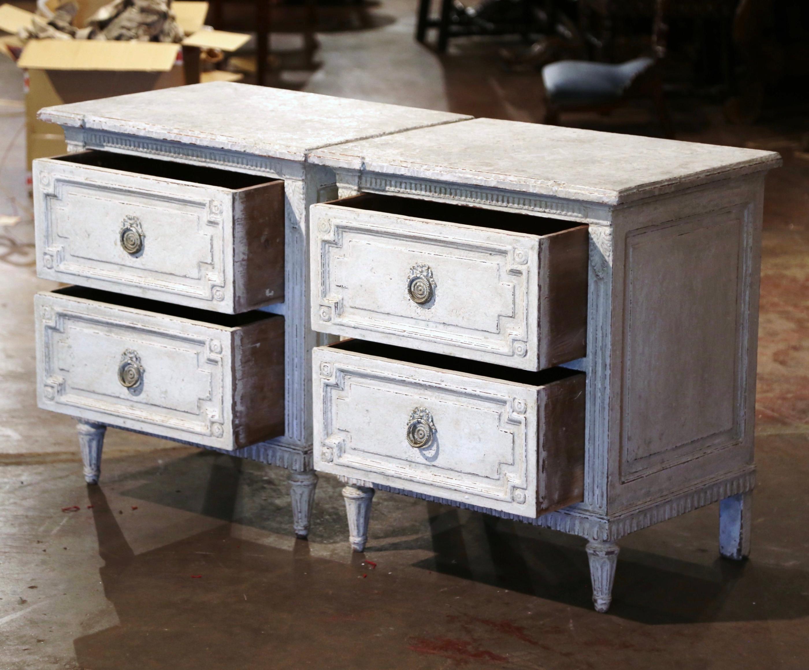 Pair of 19th Century French Louis XVI Hand Painted Two-Drawer Chests Nightstands 4